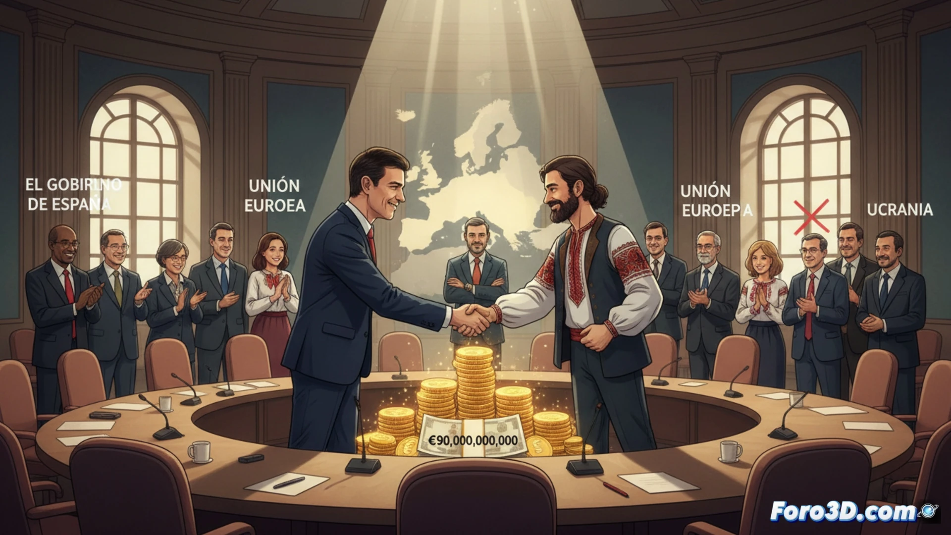 Imagen muestra a Pedro Sánchez estrechando mano de Volodímir Zelenski; fondo, banderas de Ucrania y UE; al lado, mapa de Europa con España resaltada.