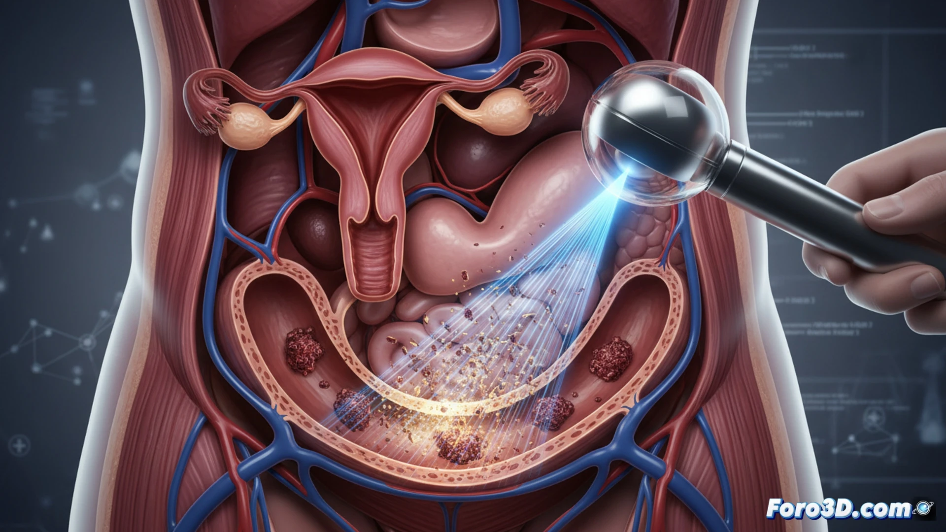 Un haz de ultrasonido enfocado sobre un esquema del recto, sin bisturí, simboliza la destrucción indolora de nódulos endometriales.