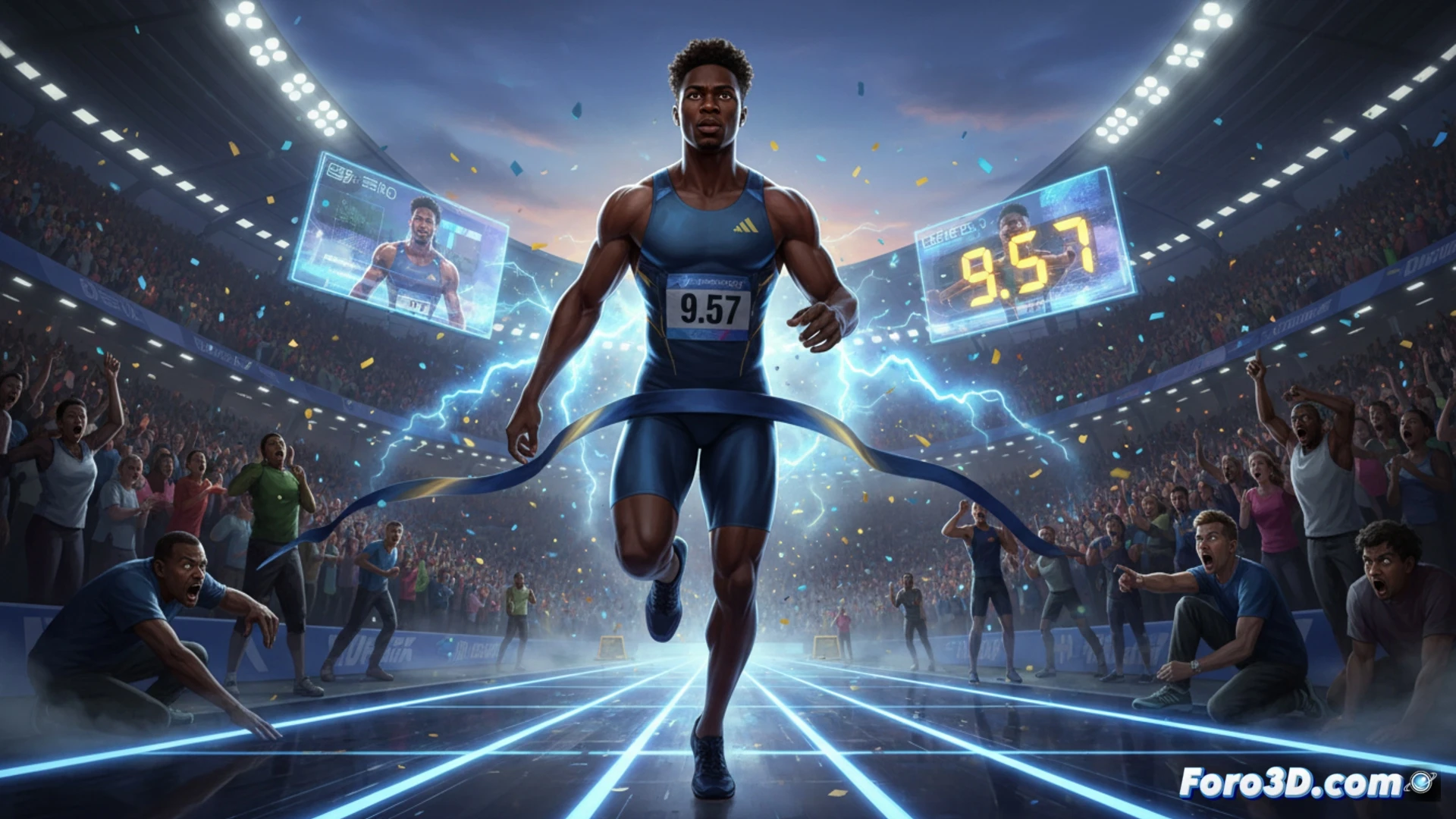 Un joven atleta cruza la meta, dejando atrás el fantasma de Bolt y el cronómetro marcando un tiempo histórico.