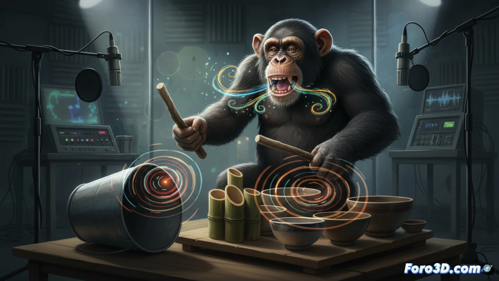 Un chimpancé golpea objetos rítmicamente mientras vocaliza, mostrando una musicalidad innata y espontánea.
