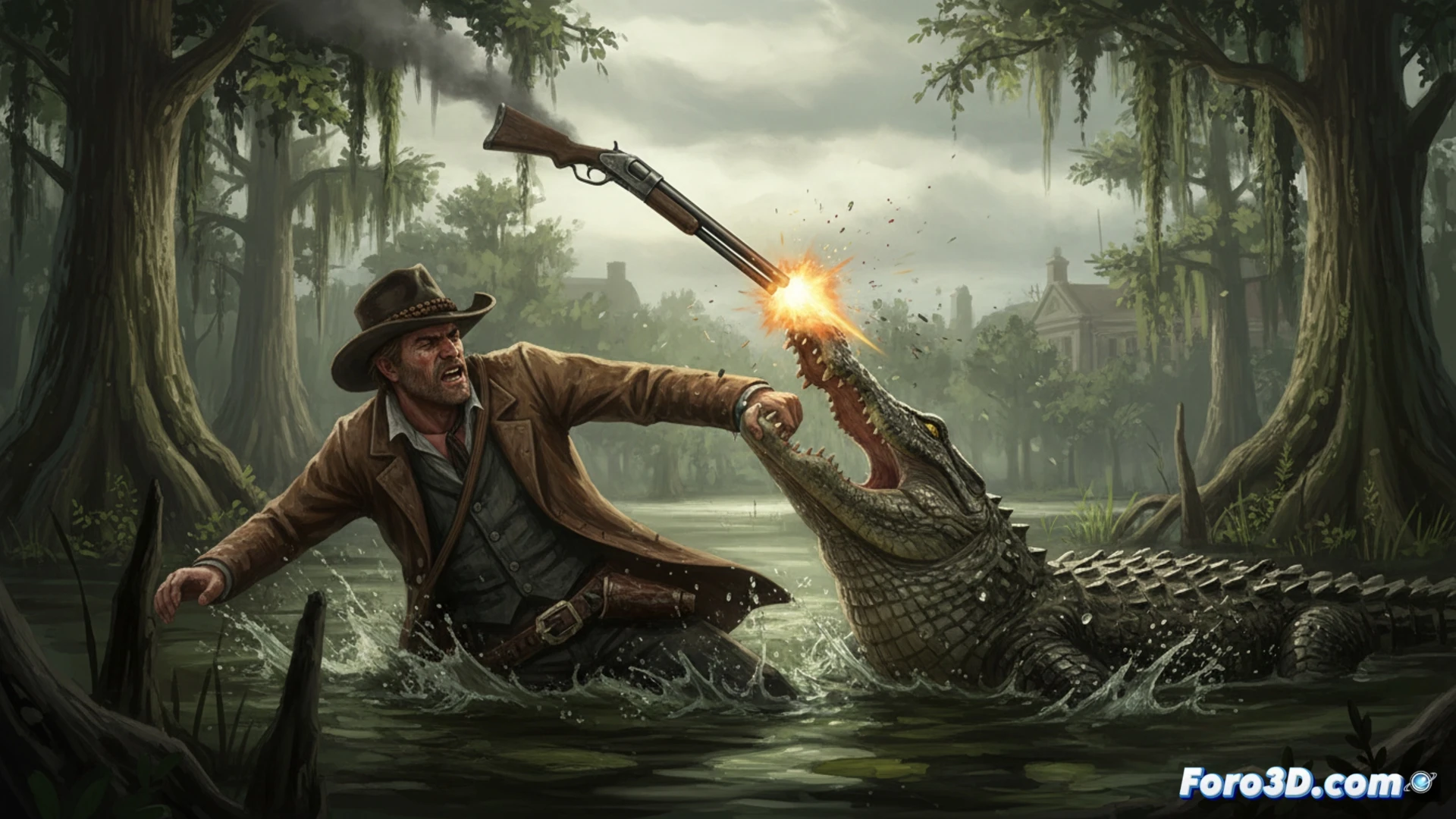 Arthur Morgan suelta su escopeta durante una pelea con un caimán en los pantanos, y el arma al caer se dispara, matando a la bestia por accidente.