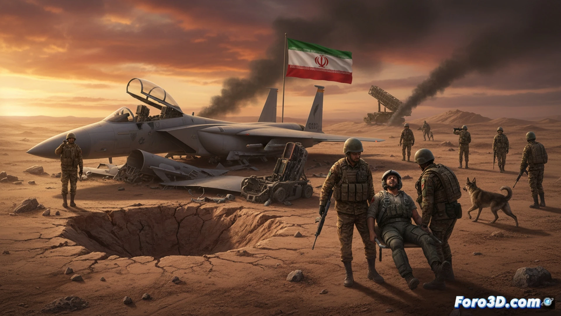 Un F-15E en llamas cae sobre un paisaje desértico montañoso al anochecer, con dos paracaídas visibles y siluetas de cazas iraníes en el cielo.