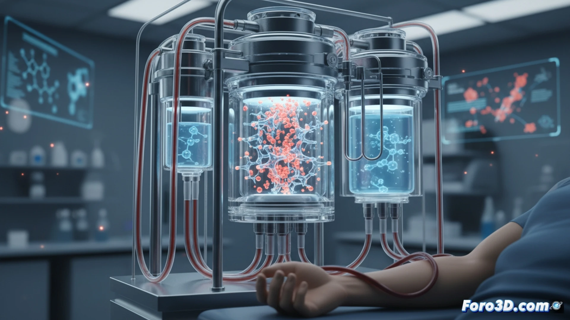 Un dispositivo médico filtra la proteína galectina-3 de la sangre de un paciente con sepsis, conectado a un monitor que muestra signos vitales mejorando.