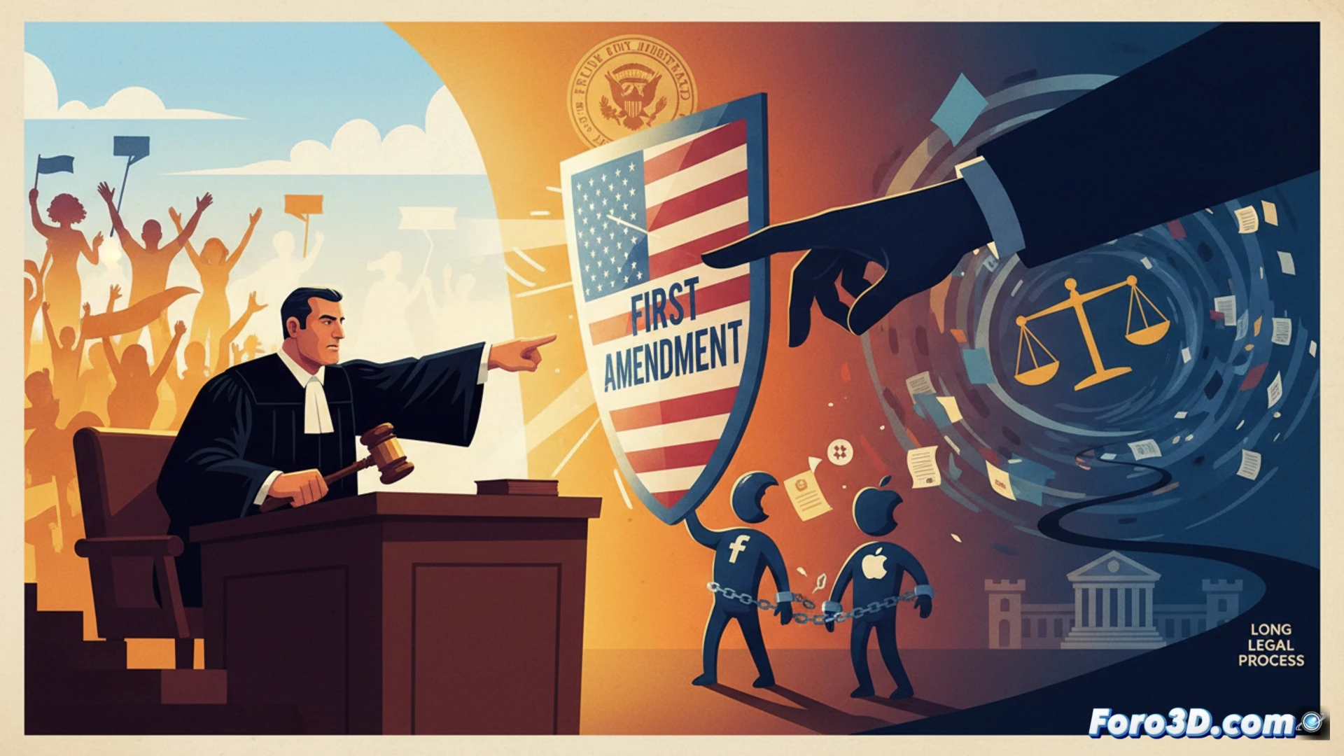 Un juez con mazo frente a un tuit sobre ICE, con las banderas de EEUU y la Primera Enmienda al fondo.