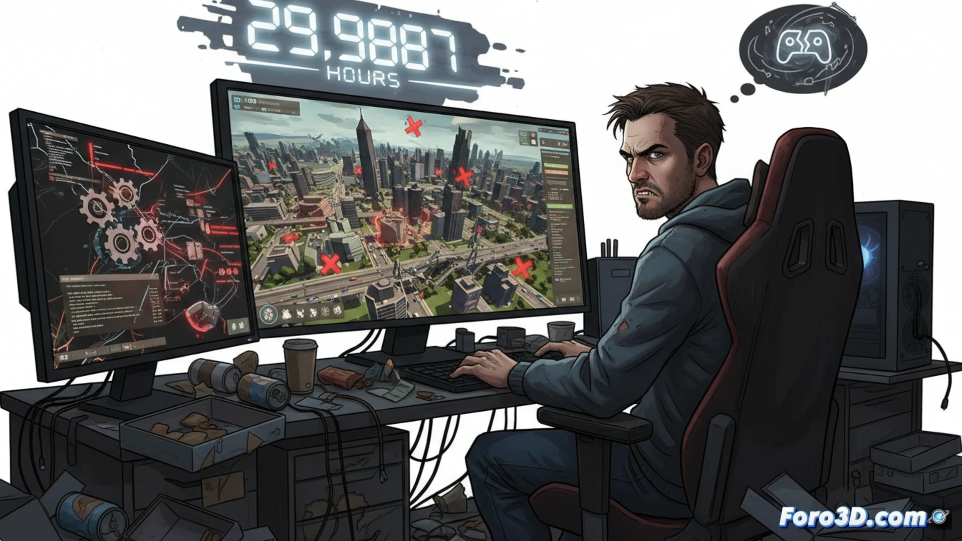 Un jugador frente al PC, con miles de horas en Cities: Skylines reflejadas en Steam, escribe una reseña negativa con expresión de hastío.