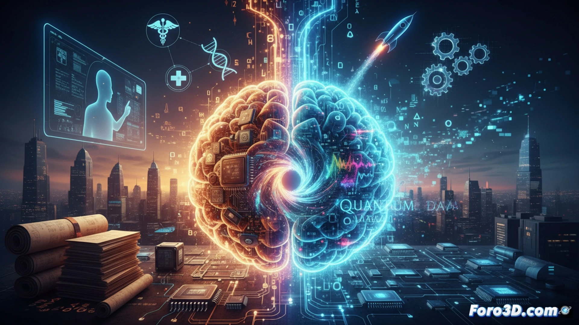 Una computadora cuántica procesando grandes lotes de datos clásicos, conectando ambos mundos informáticos.