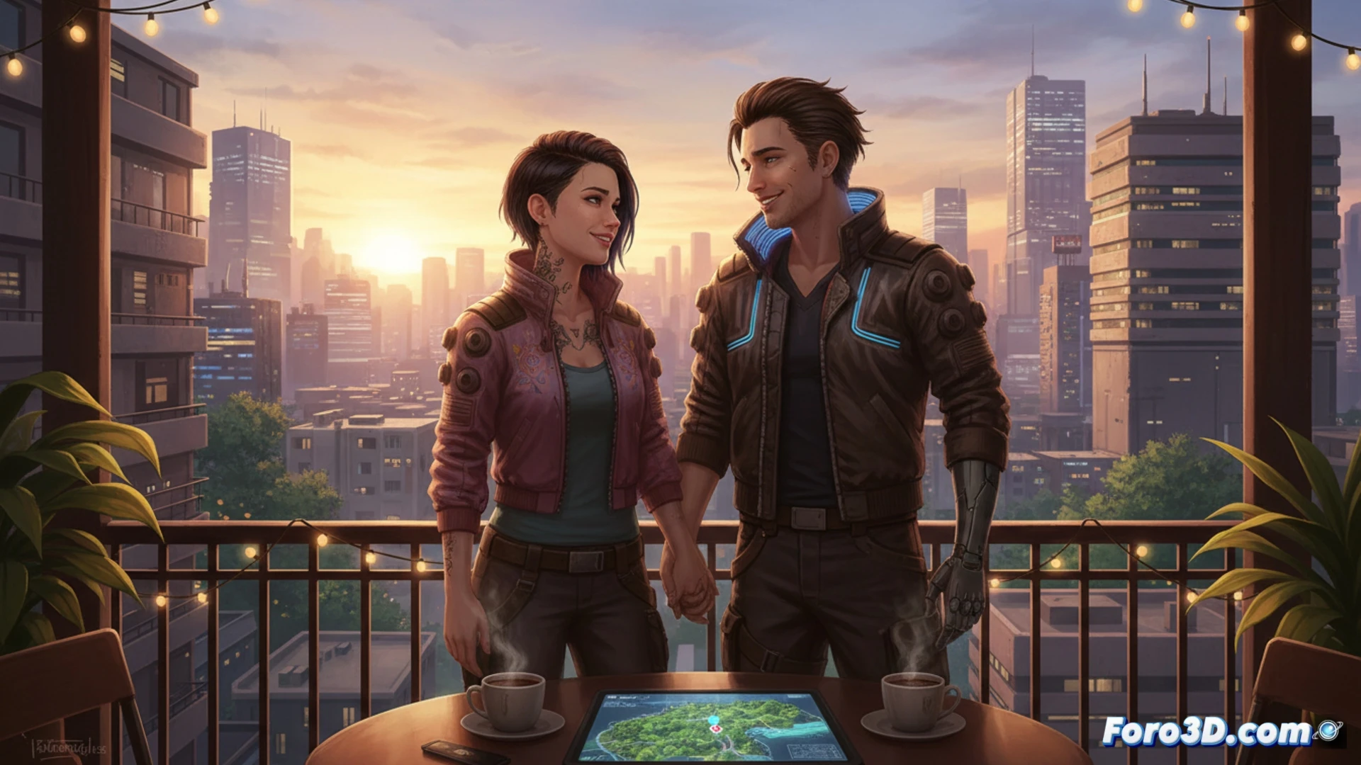 Una escena cálida muestra a V y Judy sonriendo en un balcón iluminado por el atardecer, planeando su futuro juntos.