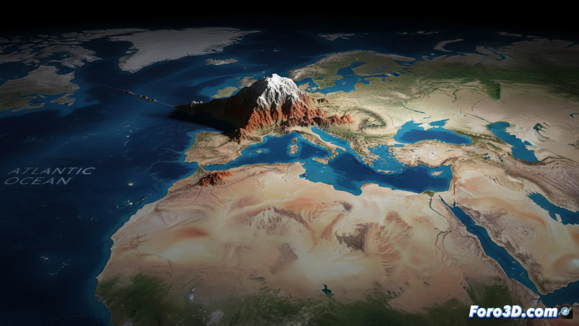 Una simulación 3D muestra la placa africana (abajo) convergiendo con la euroasiática (arriba). El Estrecho de Gibraltar se estrecha entre los continentes, mientras el Mediterráneo, aislado, comienza a reducirse.
