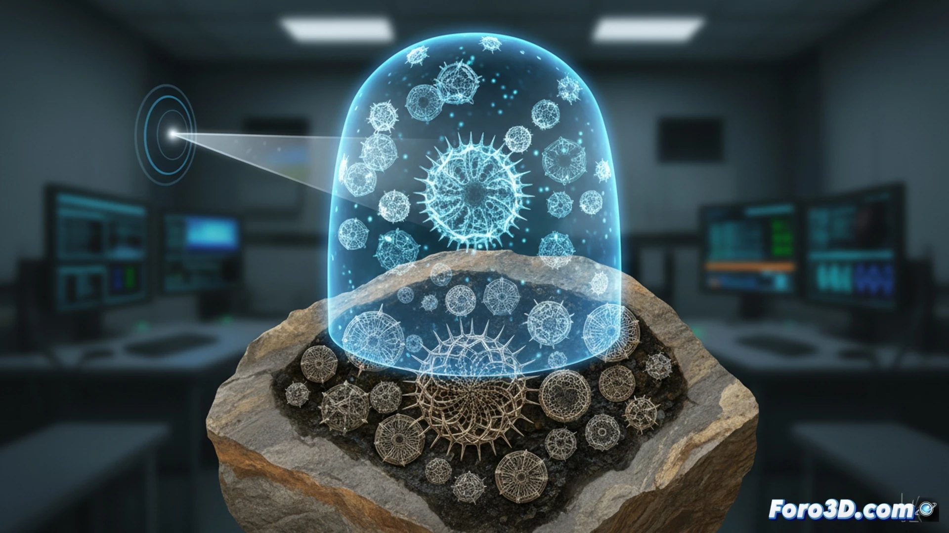 Reconstrucción 3D de radiolarios fósiles del Ordovícico, revelando su intrincada estructura esquelética de sílice.