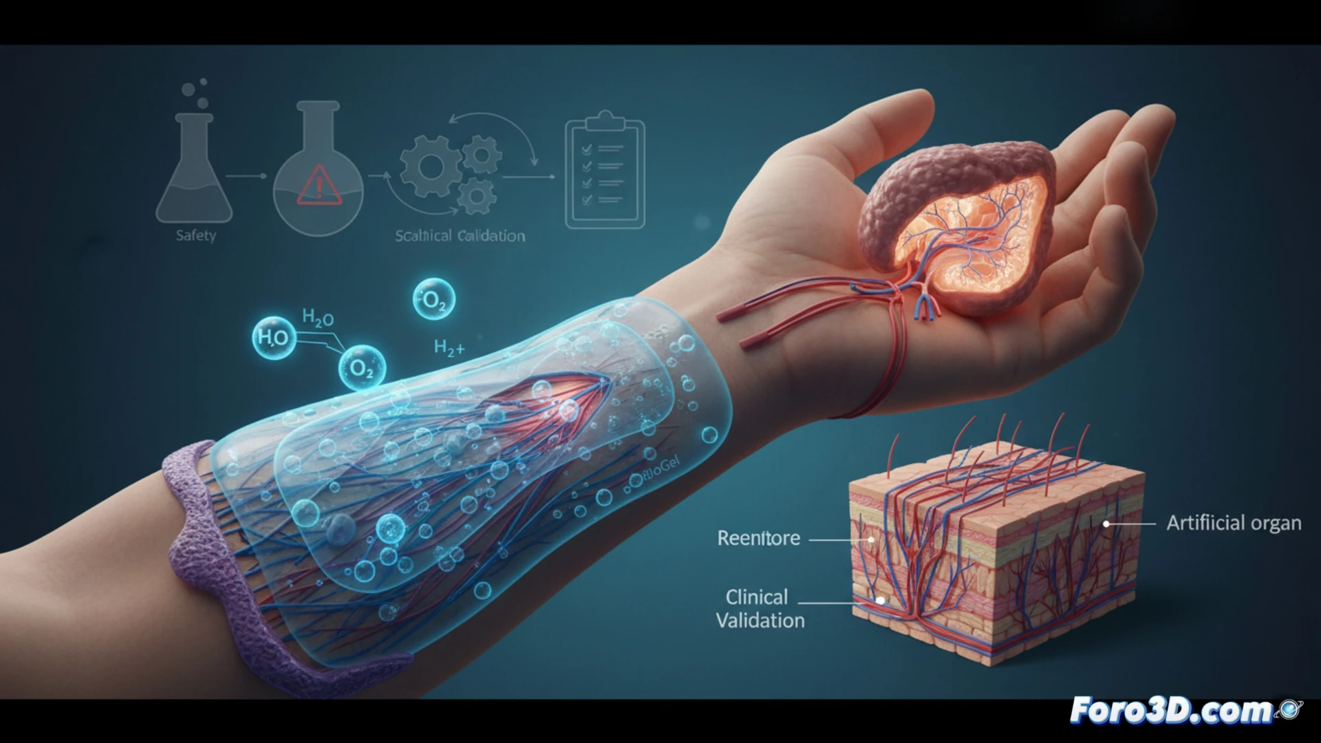 Un parche electrónico adherido a la piel, emitiendo burbujas de oxígeno sobre tejido dañado en regeneración.