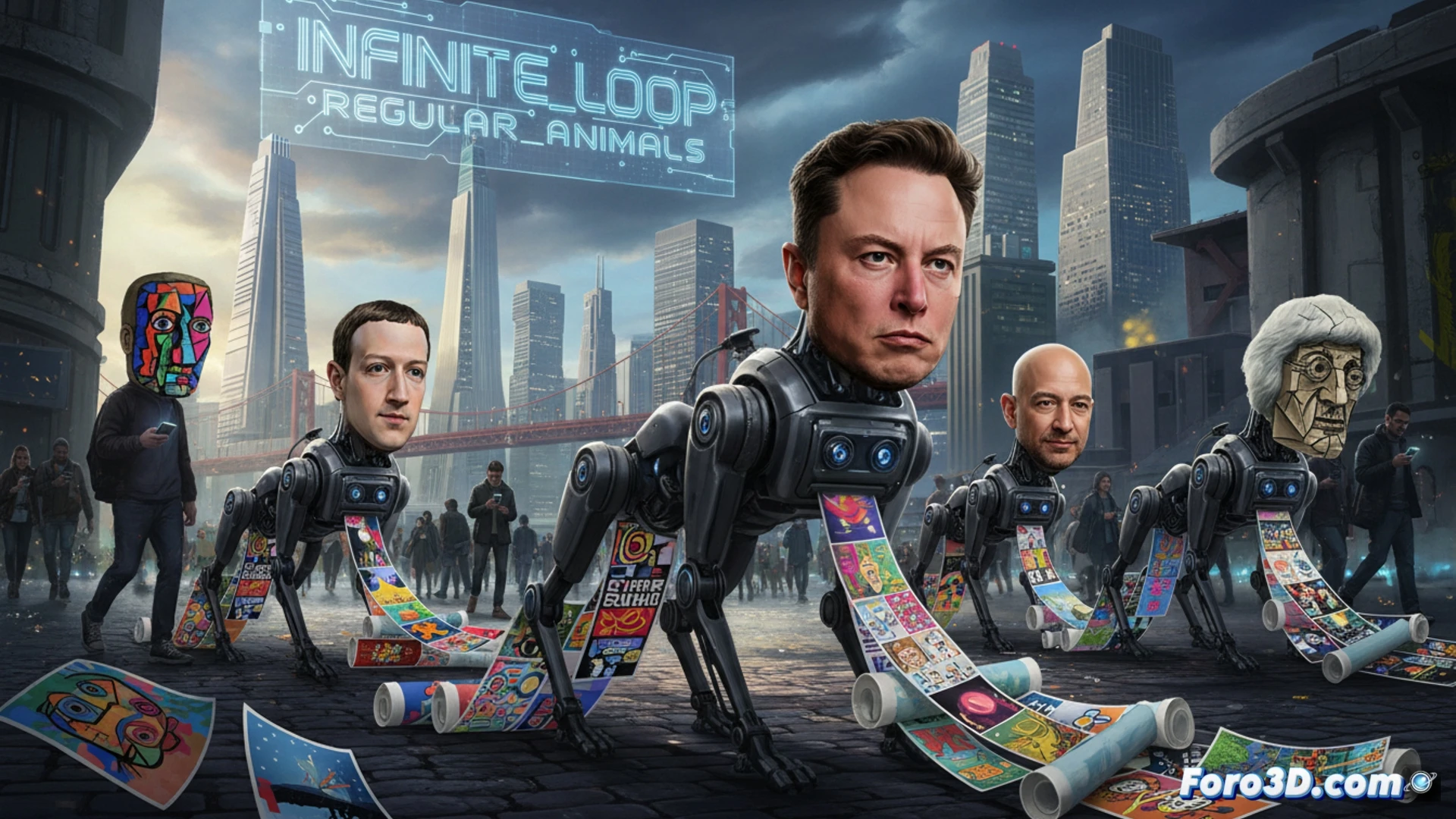 Un perro robot con la cara de Elon Musk genera arte satírico en San Francisco