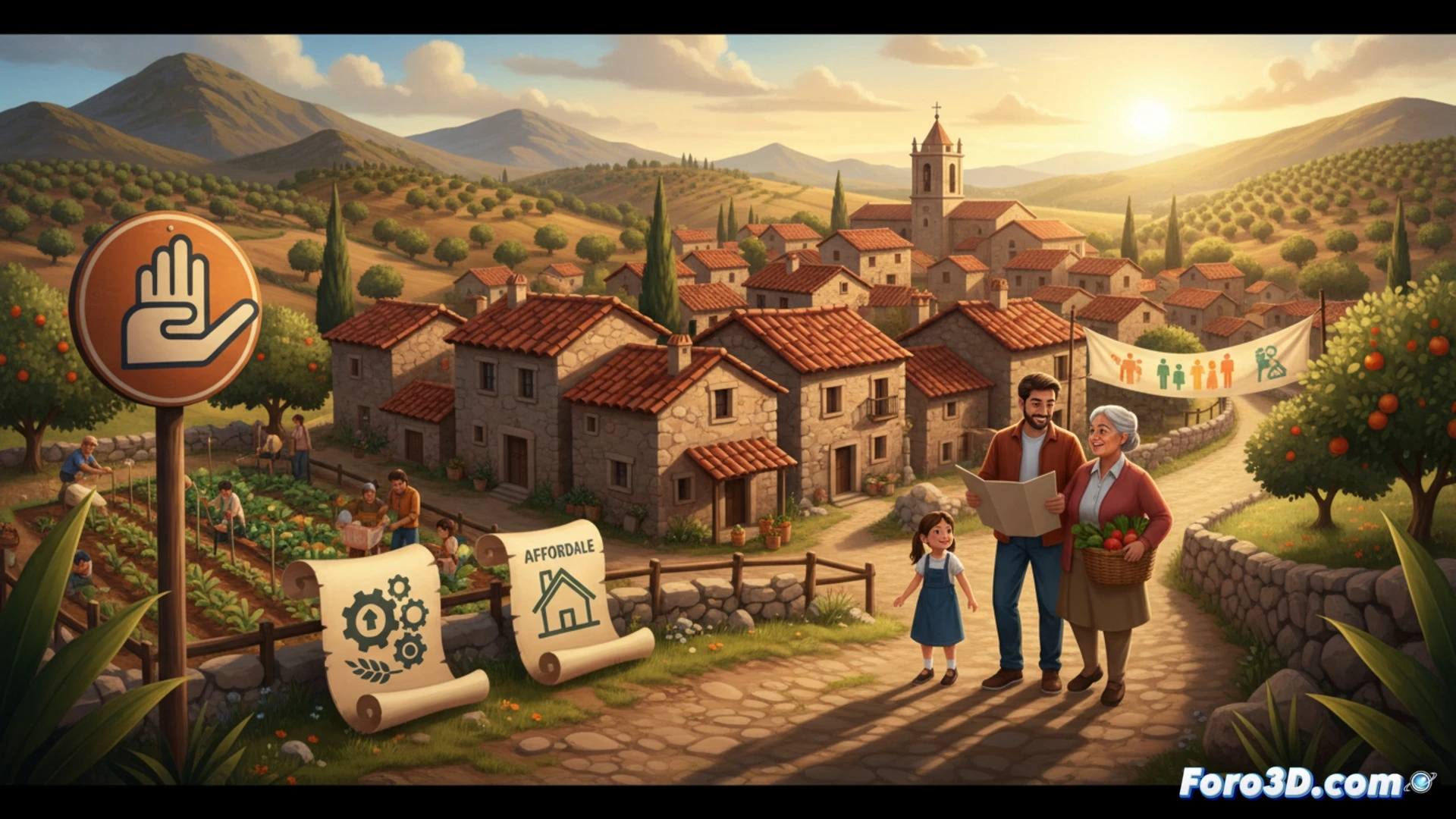 Un cartel con 'trabajo y casa' frente a un pueblo valenciano vacío, con montañas y sol al fondo.