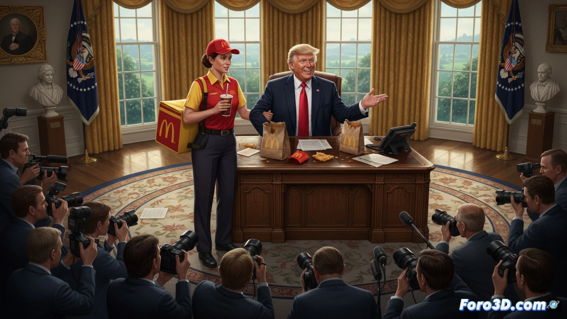 Una repartidora de McDonald's observa junto al presidente Trump durante una conferencia de prensa en el Despacho Oval.