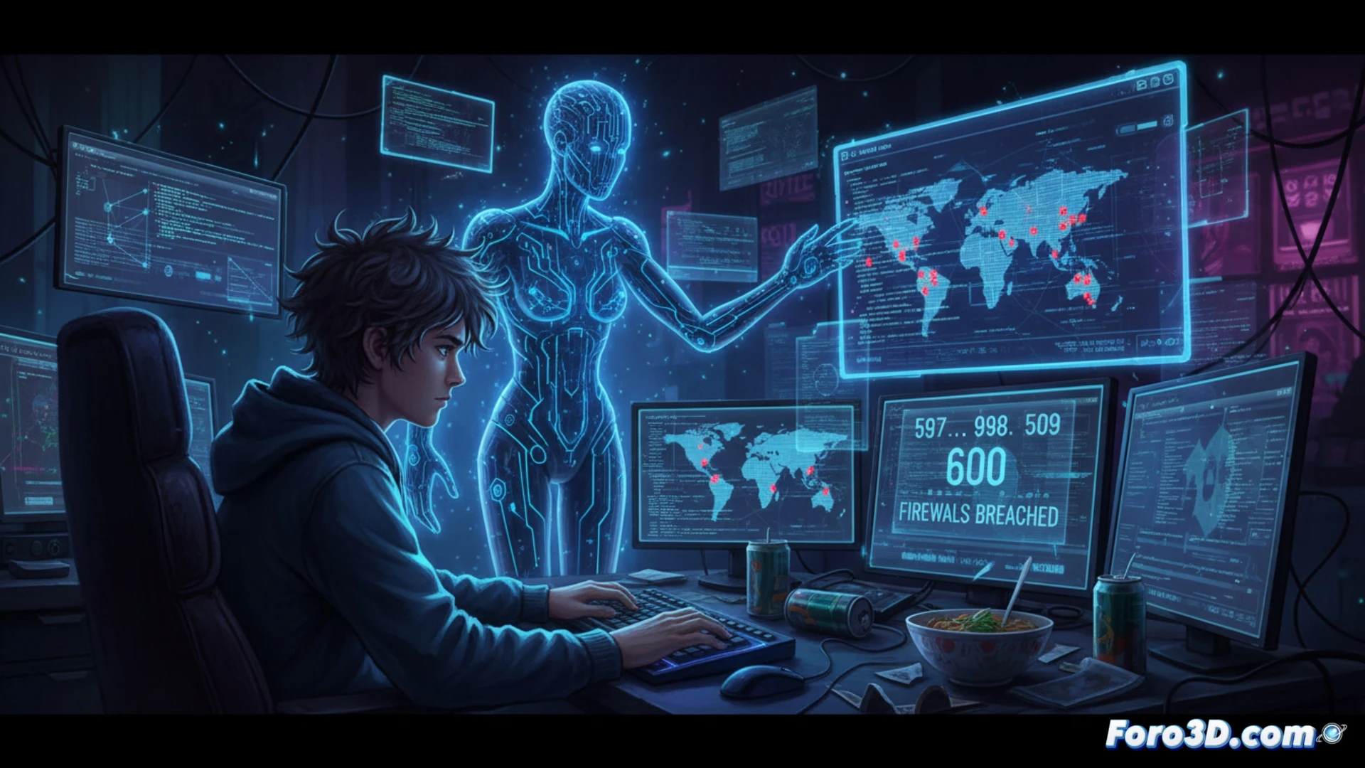Un 'script kiddie' frente a pantallas con código y firewalls comprometidos, asistido por una interfaz de IA luminosa.