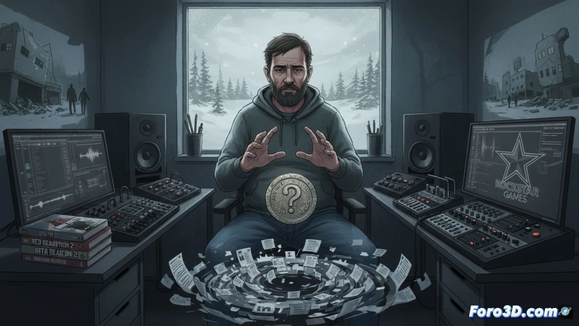 Un veterano de Rockstar, con mirada cansada, revisa su currículum frente a una pila de cajas de despido. La industria del videojuego en crisis.