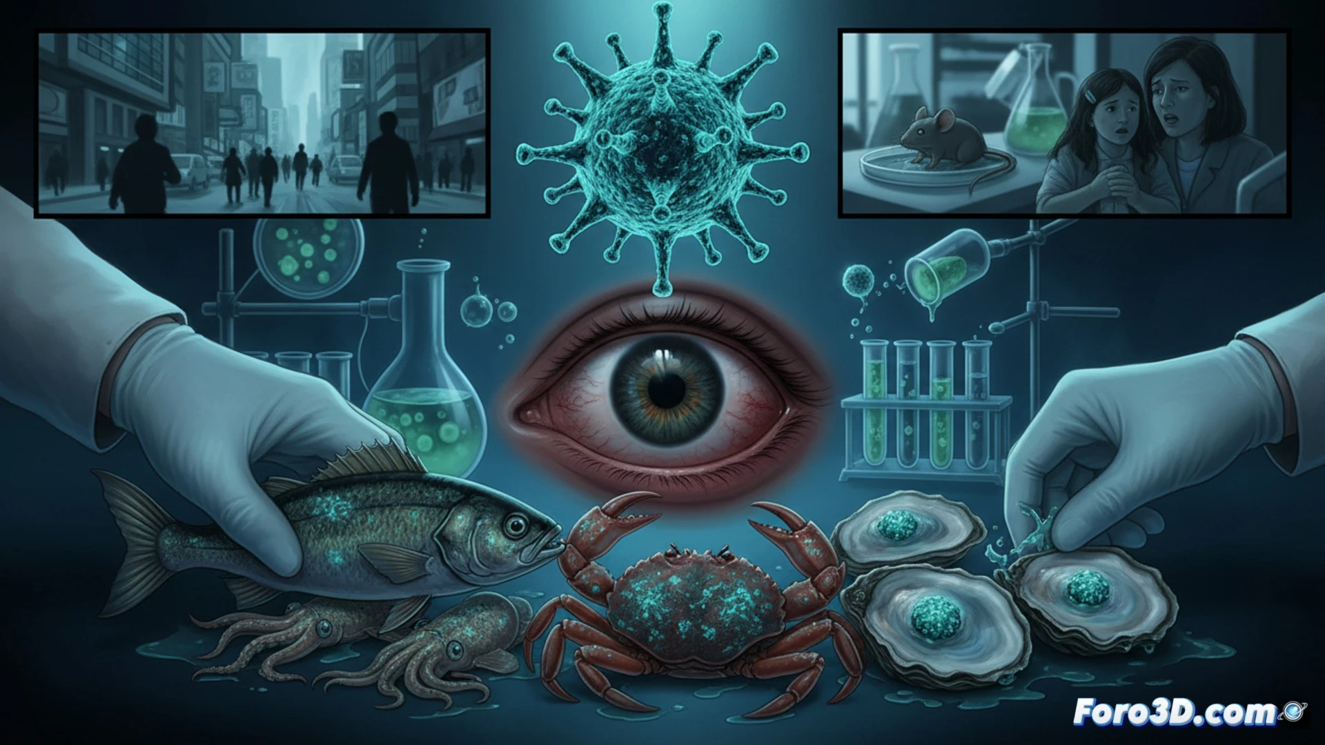 Modelado 3D de la propagacion de un virus marino desde los moluscos hasta el sistema ocular humano.