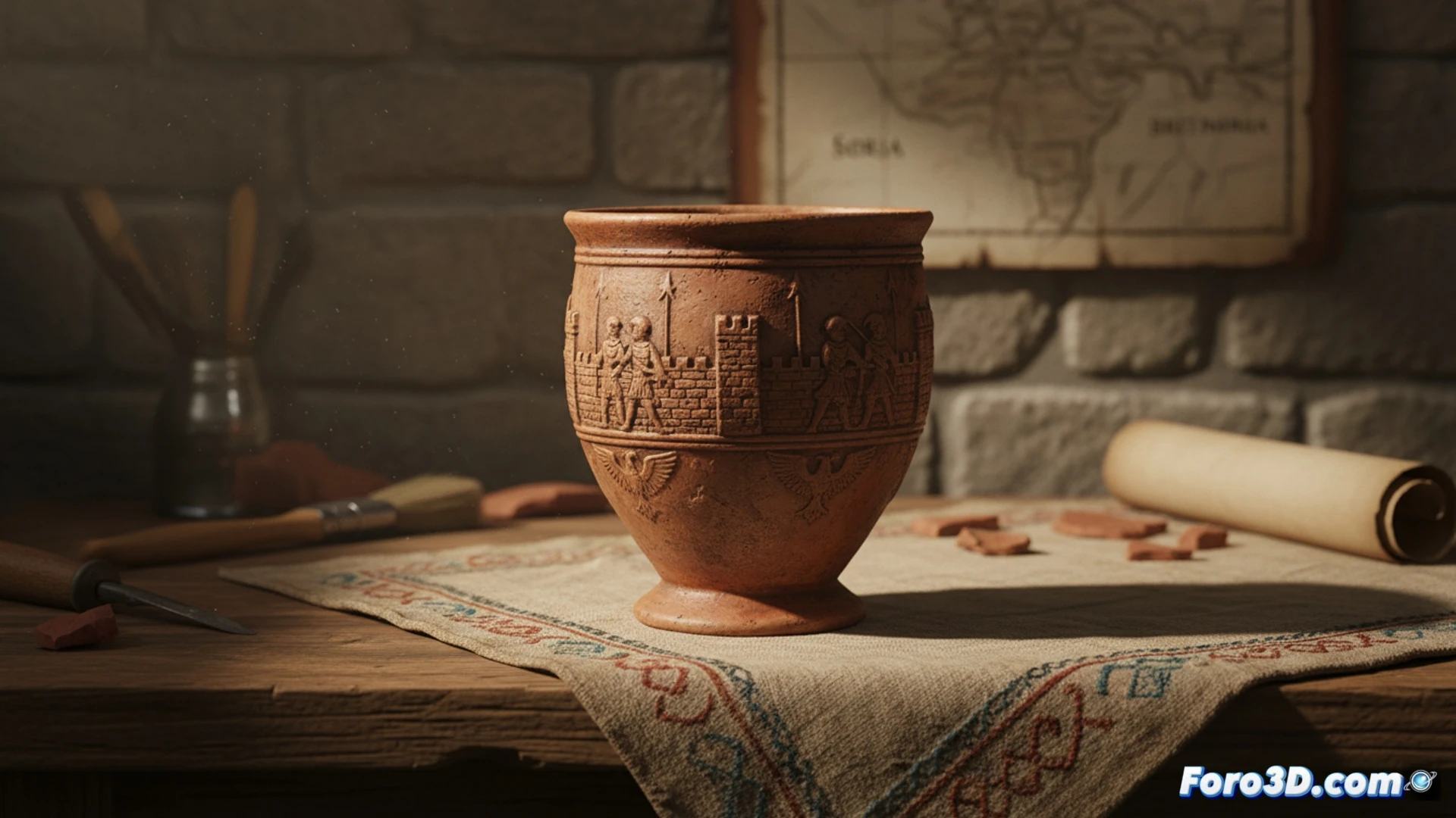 Descripción para imagen: Una copa de cerámica romana del siglo II, decorada con motivos geométricos, sobre fondo neutro junto a un mapa que señala Soria y el Muro de Adriano.