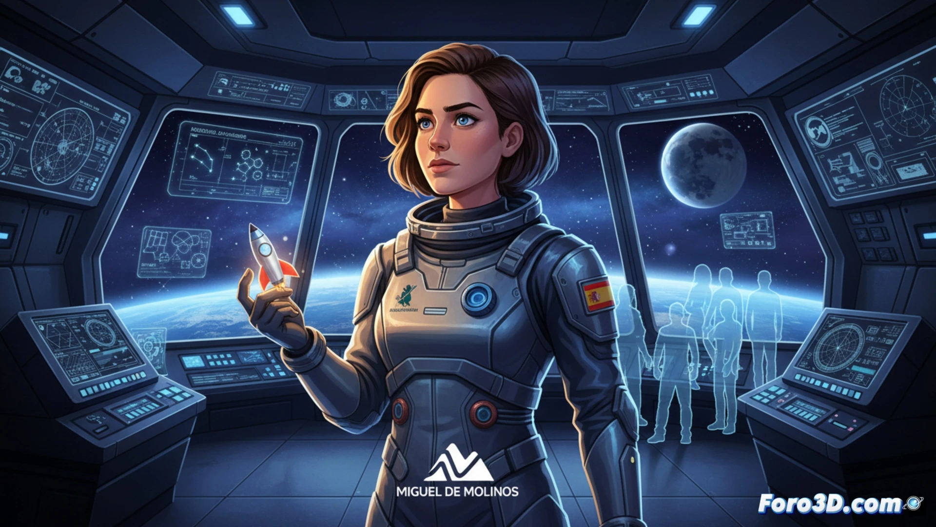 Una joven de 17 años sonríe con un casco espacial en un instituto de Zaragoza, rodeada de maquetas de cohetes.