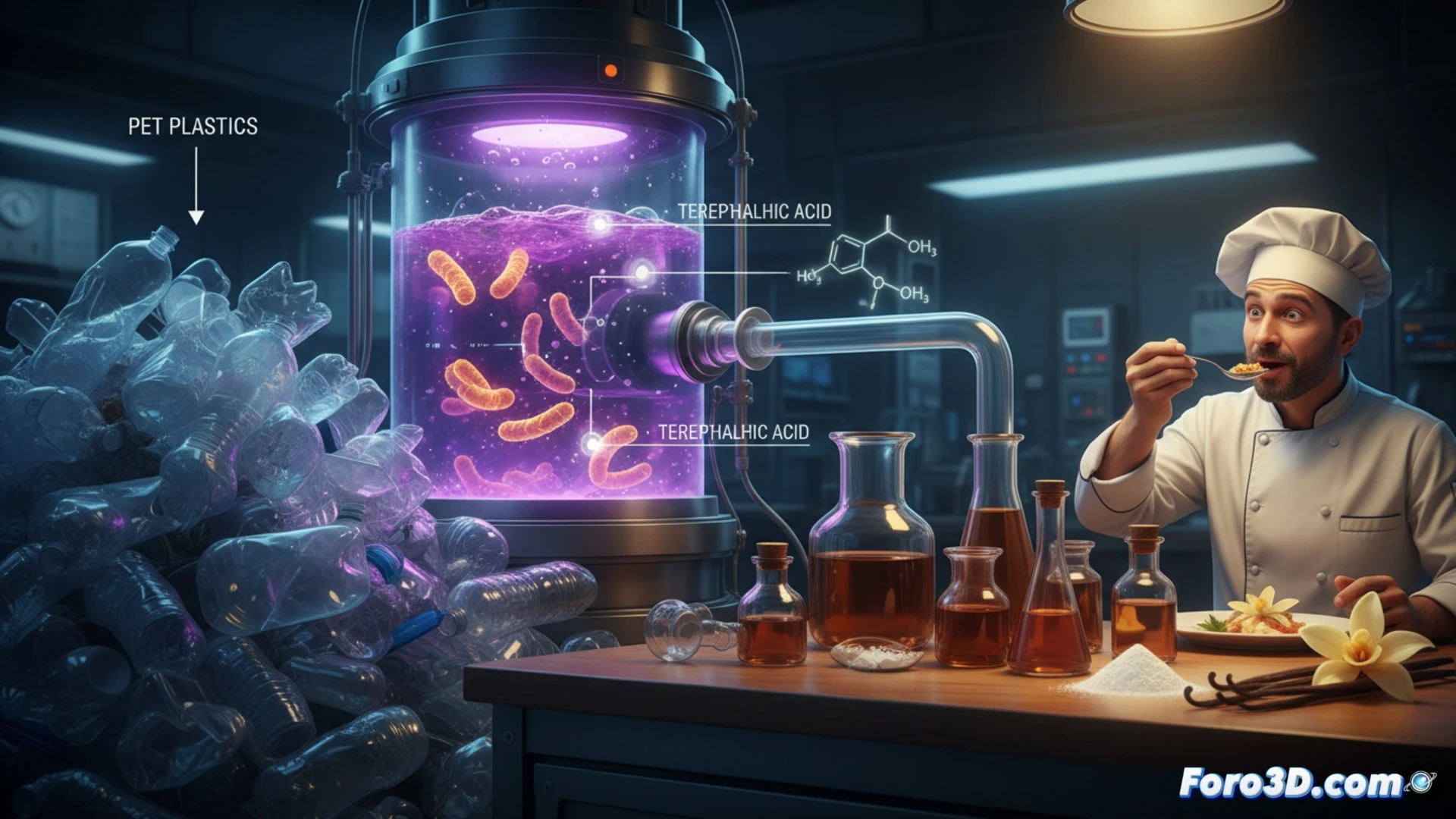 Representación molecular de la transformación de ácido tereftálico del PET en moléculas de vainillina mediante biología sintética.