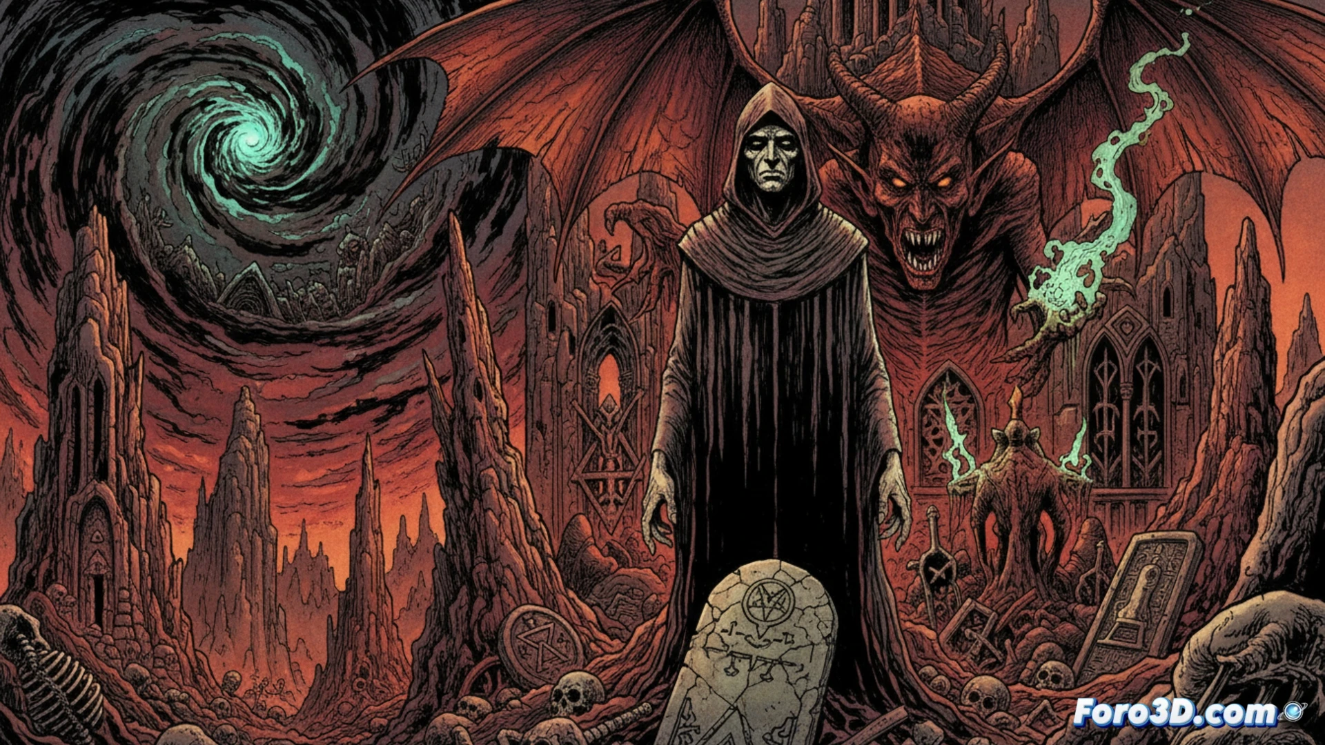 Un teólogo herético, de rostro angustiado, observa siluetas demoníacas que emergen de textos sagrados distorsionados, en un estilo de sombras densas y líneas angulares.