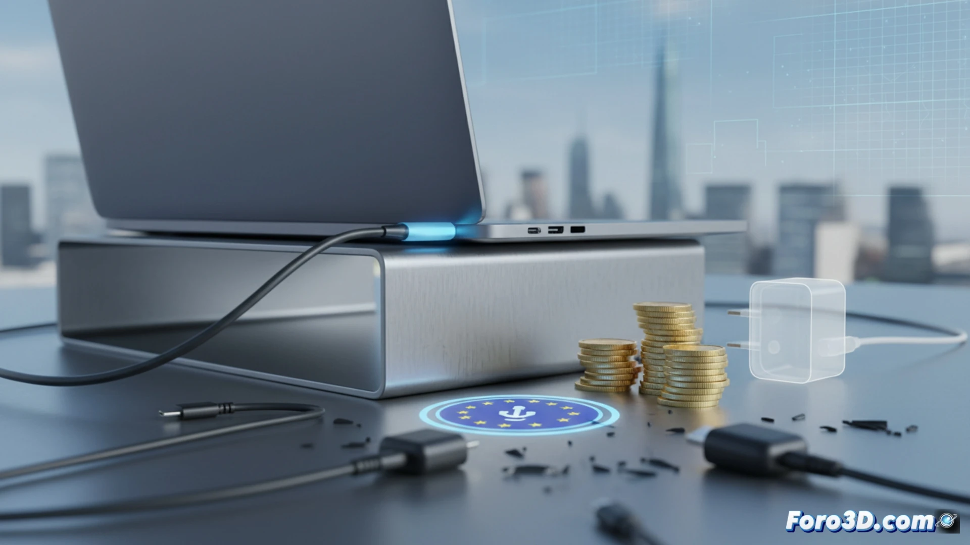 Un portátil moderno con cable USB-C conectado, junto a un cargador suelto etiquetado con el símbolo de la UE, sobre fondo verde.