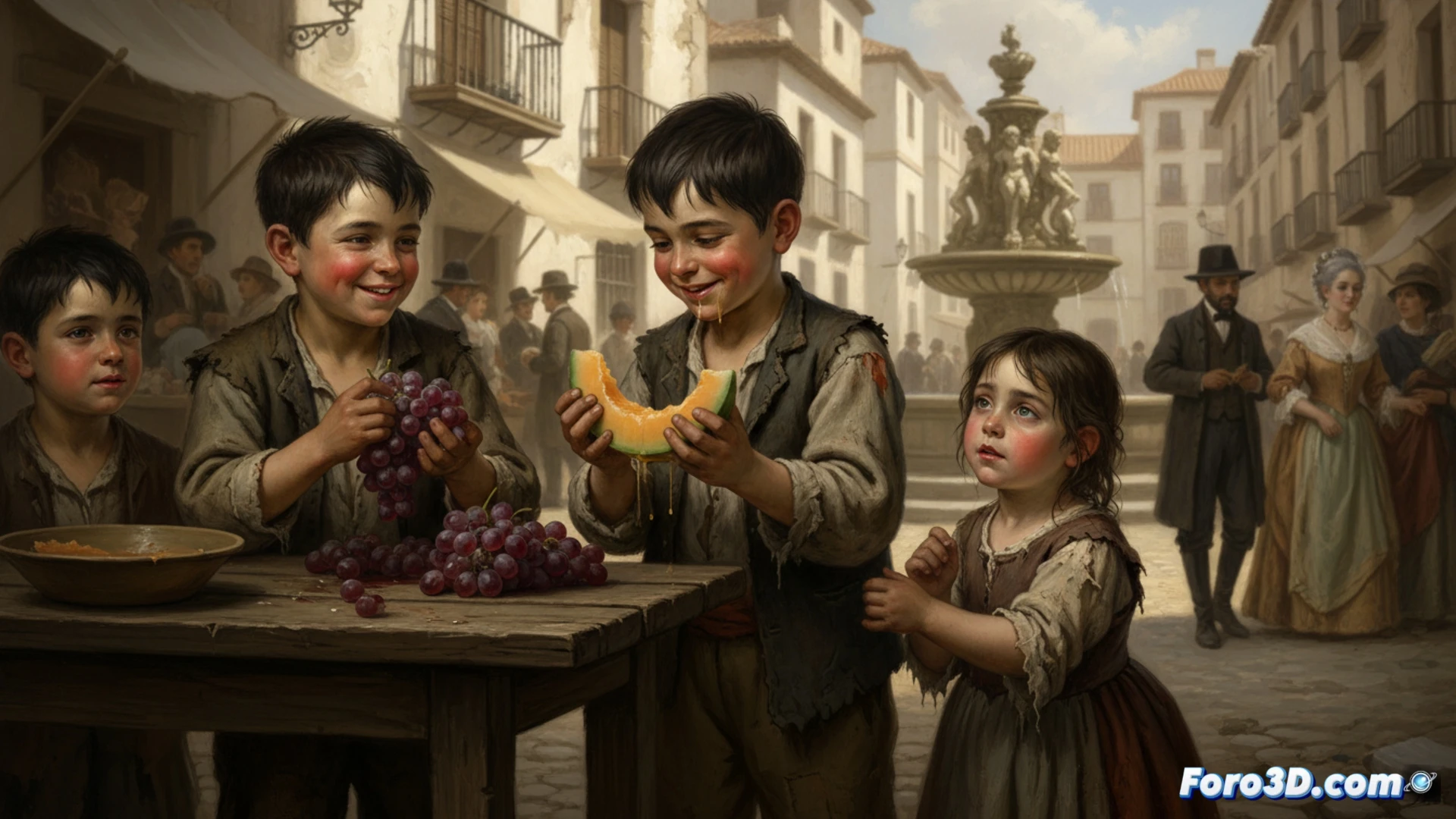 Niños del Siglo de Oro comparten uvas y melón en calles de Madrid, reflejando desigualdad social y pobreza infantil.