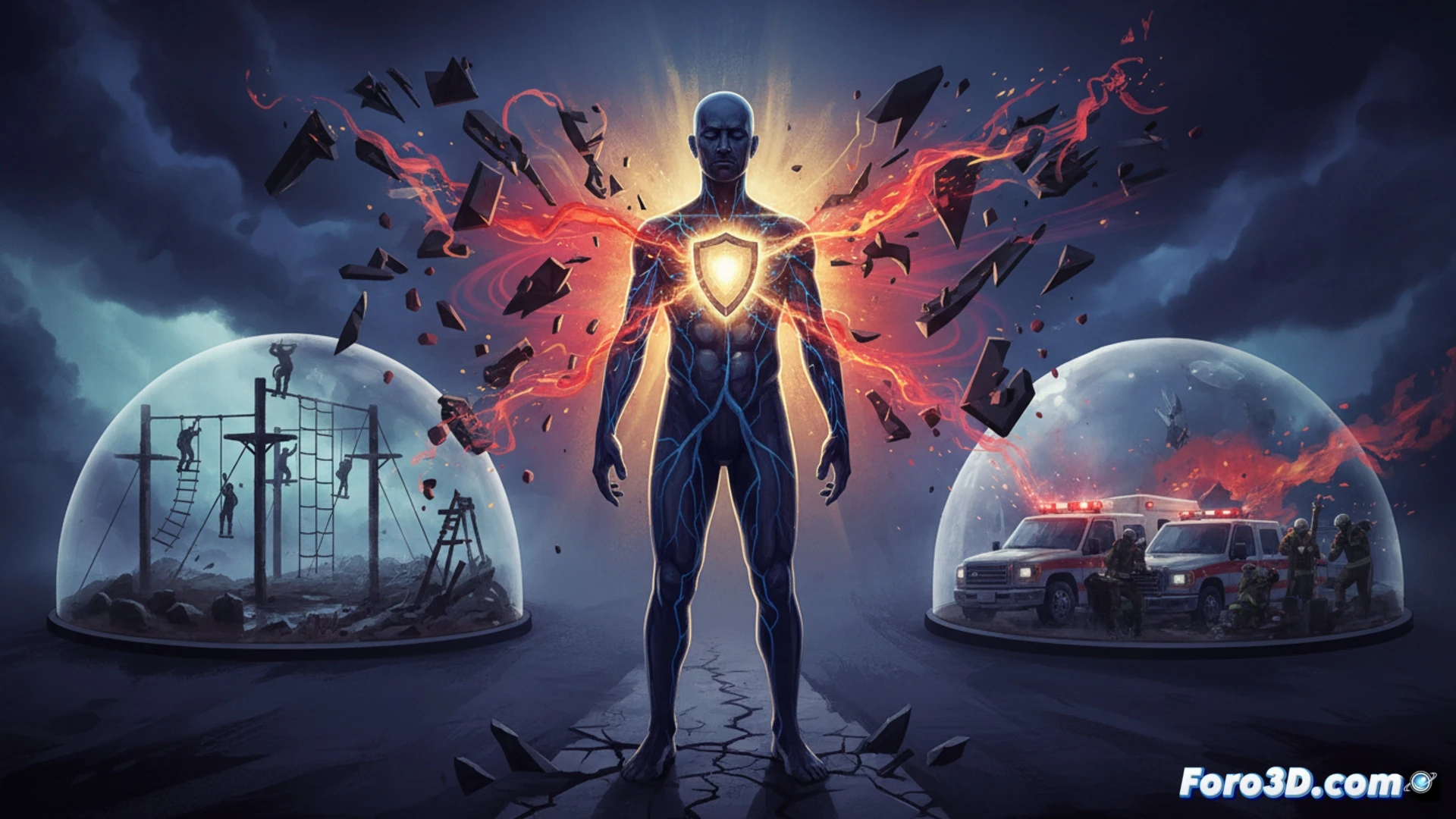 Una persona escala una pared de roca con equipo de seguridad, simbolizando exposición controlada al estrés para fortalecer la resiliencia.