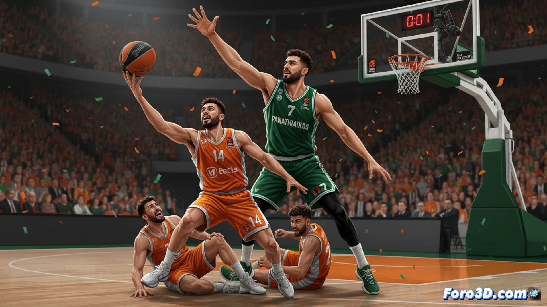 Jugadores de Valencia Basket y Panathinaikos luchan por el balón en un tenso final de cuartos de Euroliga.