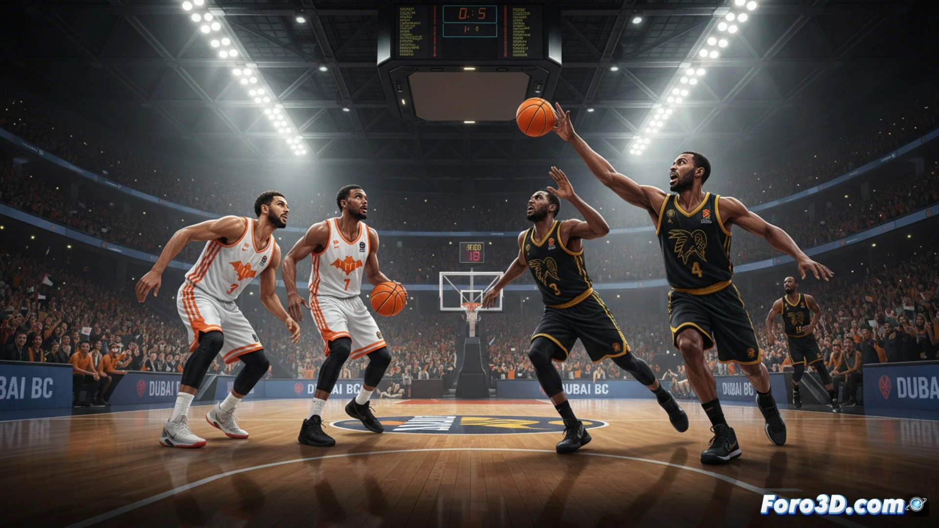 Un jugador del Valencia Basket relajado, frente a la icónica silueta de los rascacielos de Dubai al atardecer.