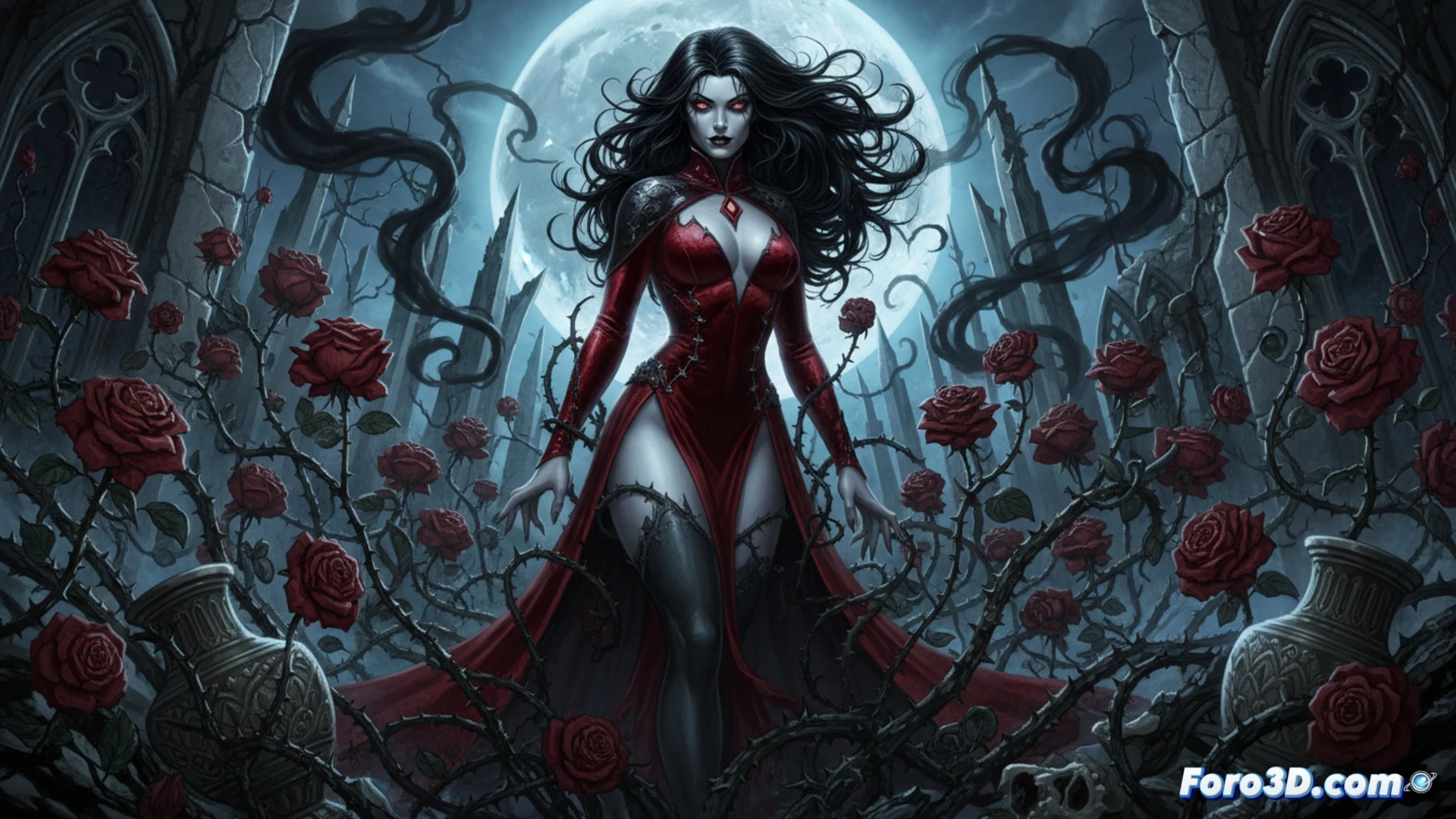 Una Vampirella gótica y sombría entre rosas marchitas y símbolos oscuros.