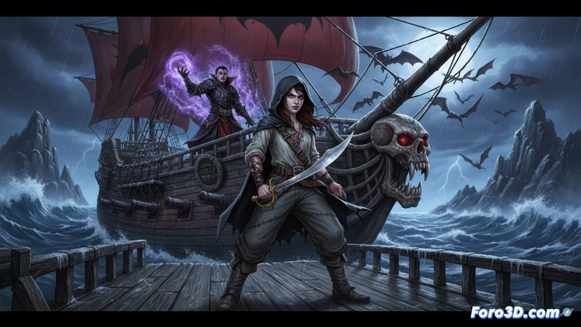 Una joven vampira pirata con espada y sombrero de tricornio, navegando bajo una luna roja sangrienta.