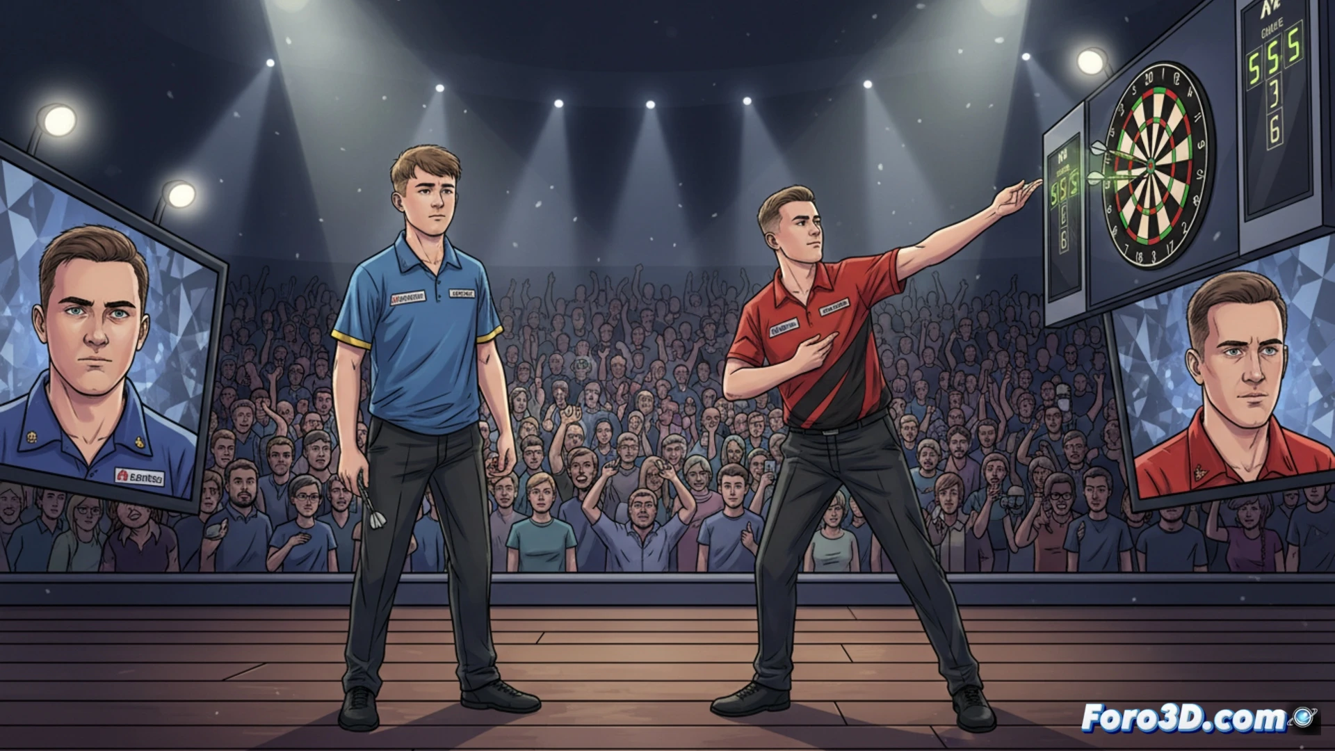 Van Veen celebra su triunfo tras el fallo de Littler, con gesto serio y el público expectante en el fondo.