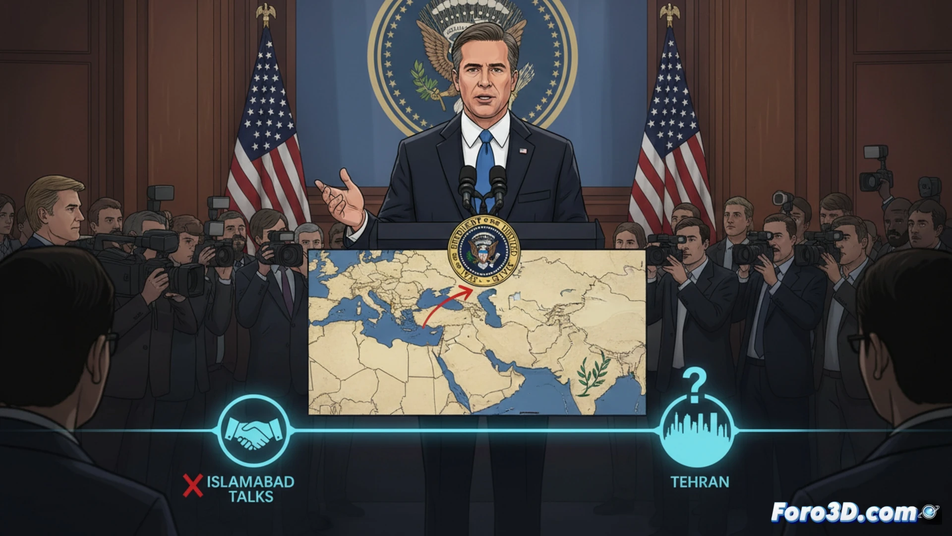 Vance en una mesa de negociaciones, con la bandera de Irán bloqueando un documento de paz.