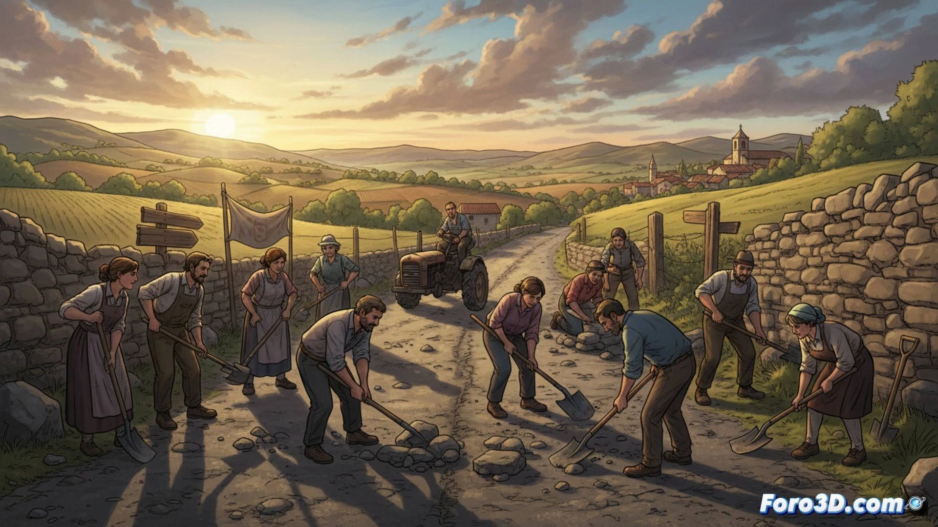 DESCRIPCIÓN: Vecinos de Luesia se unen en asamblea bajo el lema Dignidad Luesia, junto a una carretera rural en mal estado, mostrando unidad y determinación.