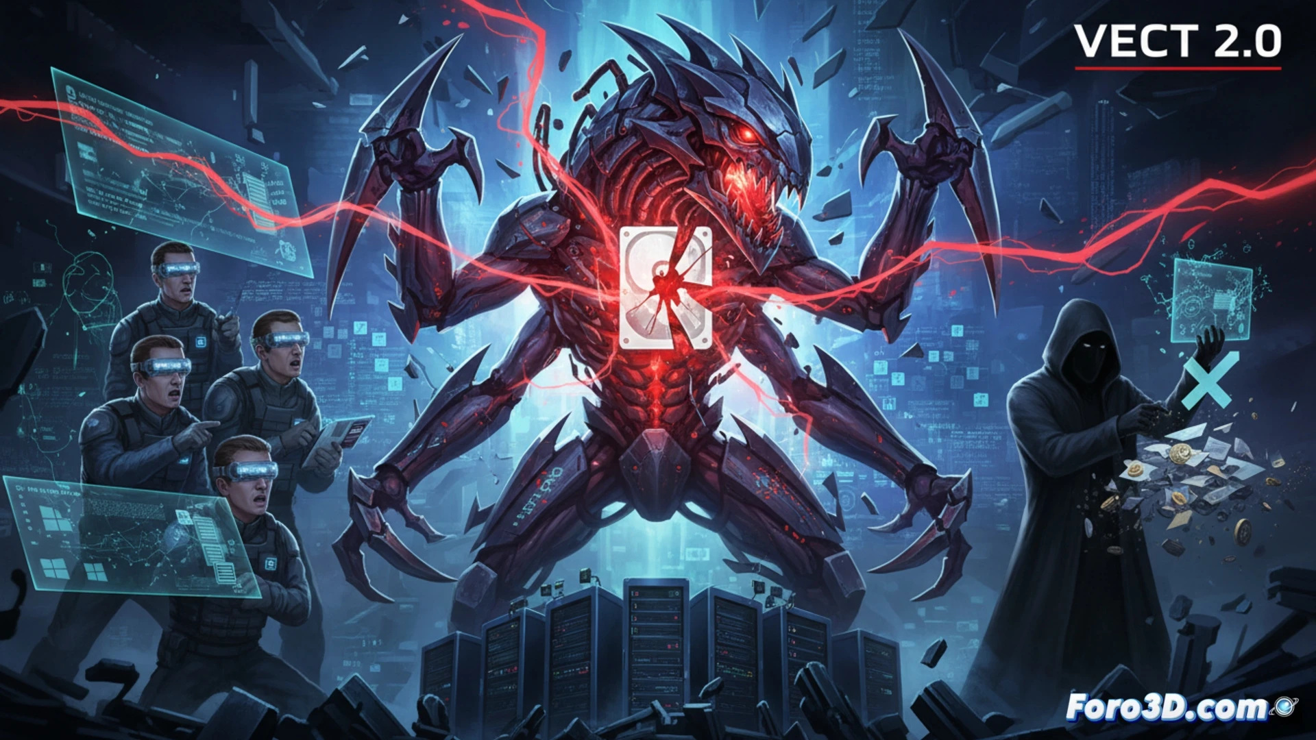 Una pantalla de ordenador con código rojo sobre fondo negro, archivos partidos y un candado roto simbolizando el ransomware VECT 2.0 que destruye datos sin remedio.