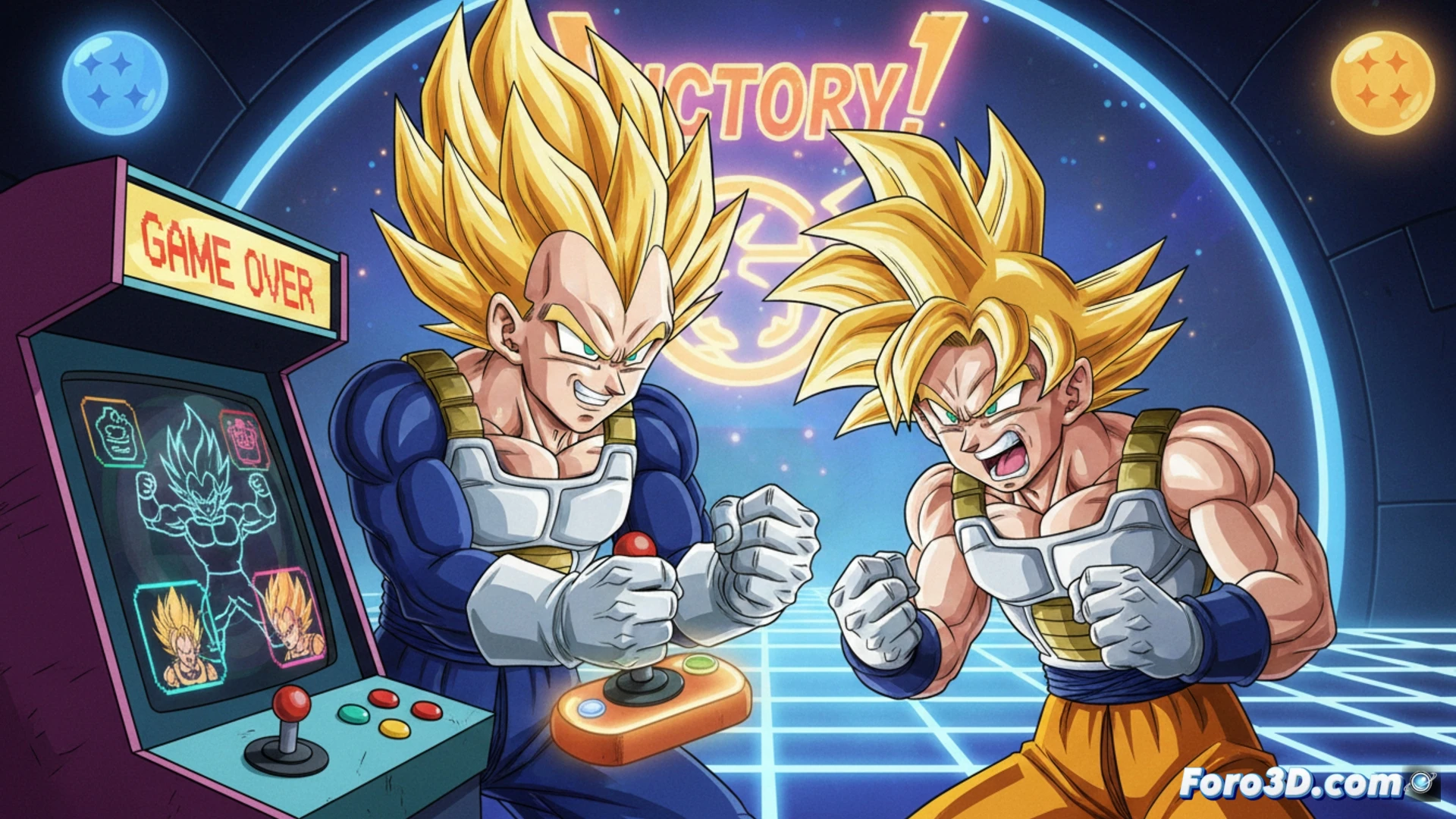 Ilustración de 1993: Vegeta, Super Saiyan, celebra su victoria sobre Goku tras una partida de videojuegos, un triunfo simbólico en su evolución.