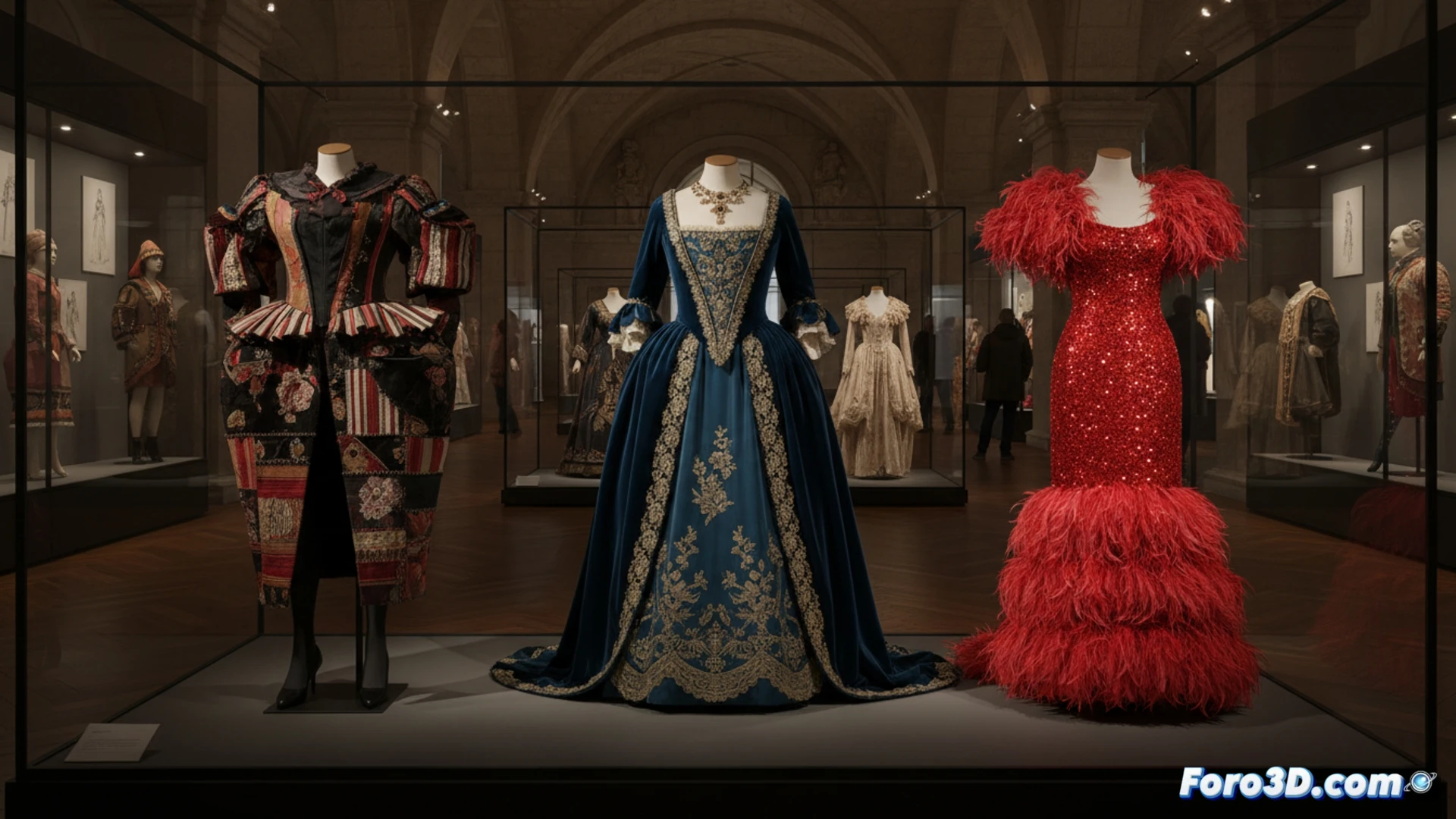 Una vitrina ilumina un vestido rojo de lentejuelas y plumas de Line Renaud, junto al traje de Sarah Bernhardt y bocetos de Lacroix, en el Centro Nacional del Vestuario Escénico francés.