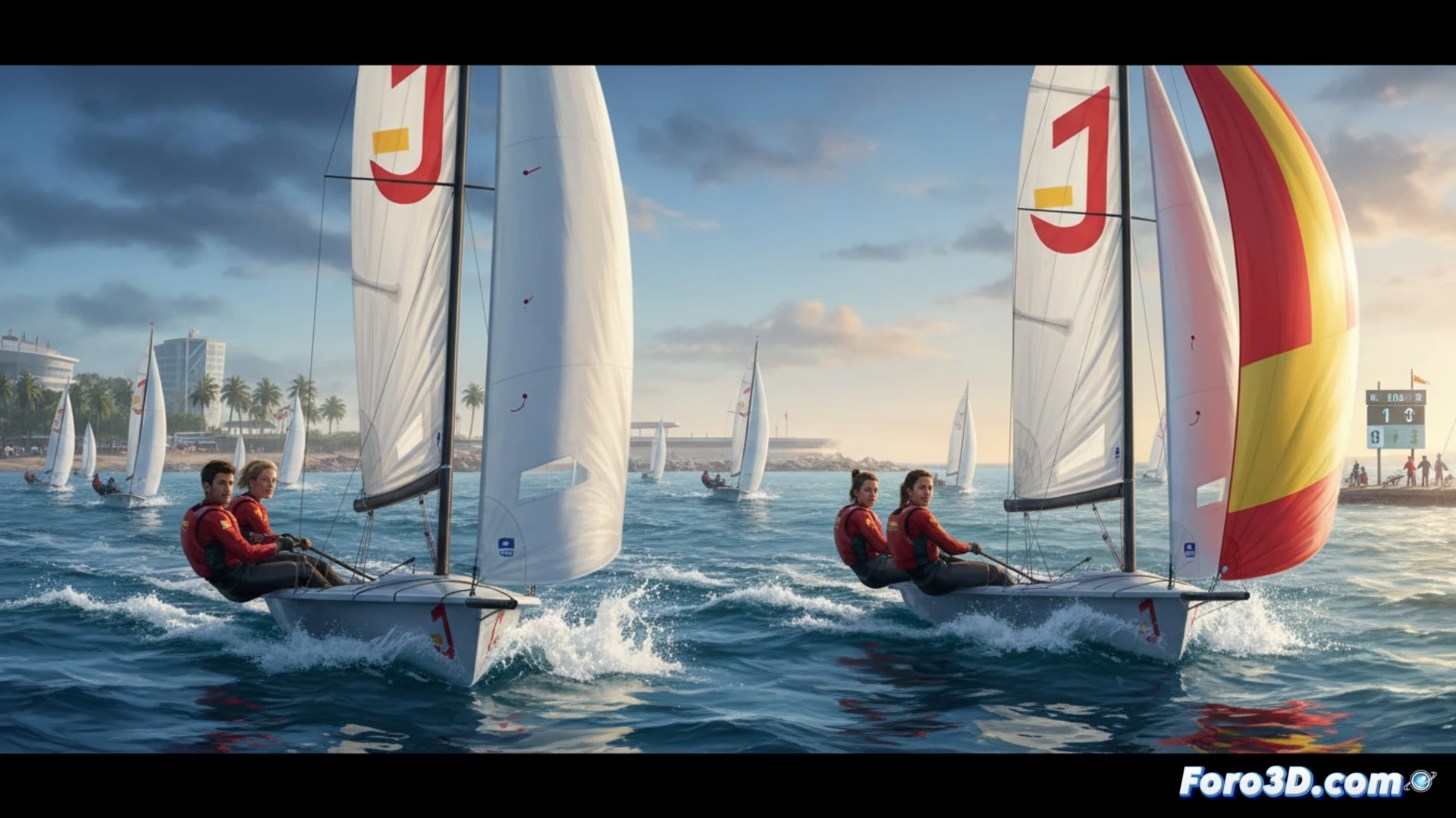 Dos veleros españoles lideran la regata: un 470 mixto y un 49er FX, navegando con viento moderado hacia la línea de meta.