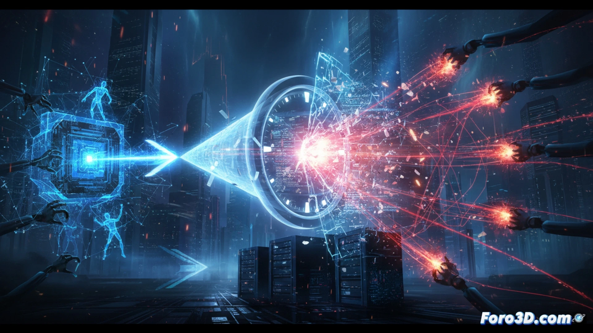 Imagen conceptual: un reloj de arena digital roto, con arena cibernética roja vertiéndose a través de grietas, mientras un escudo con código IA azul se expande para contenerla.