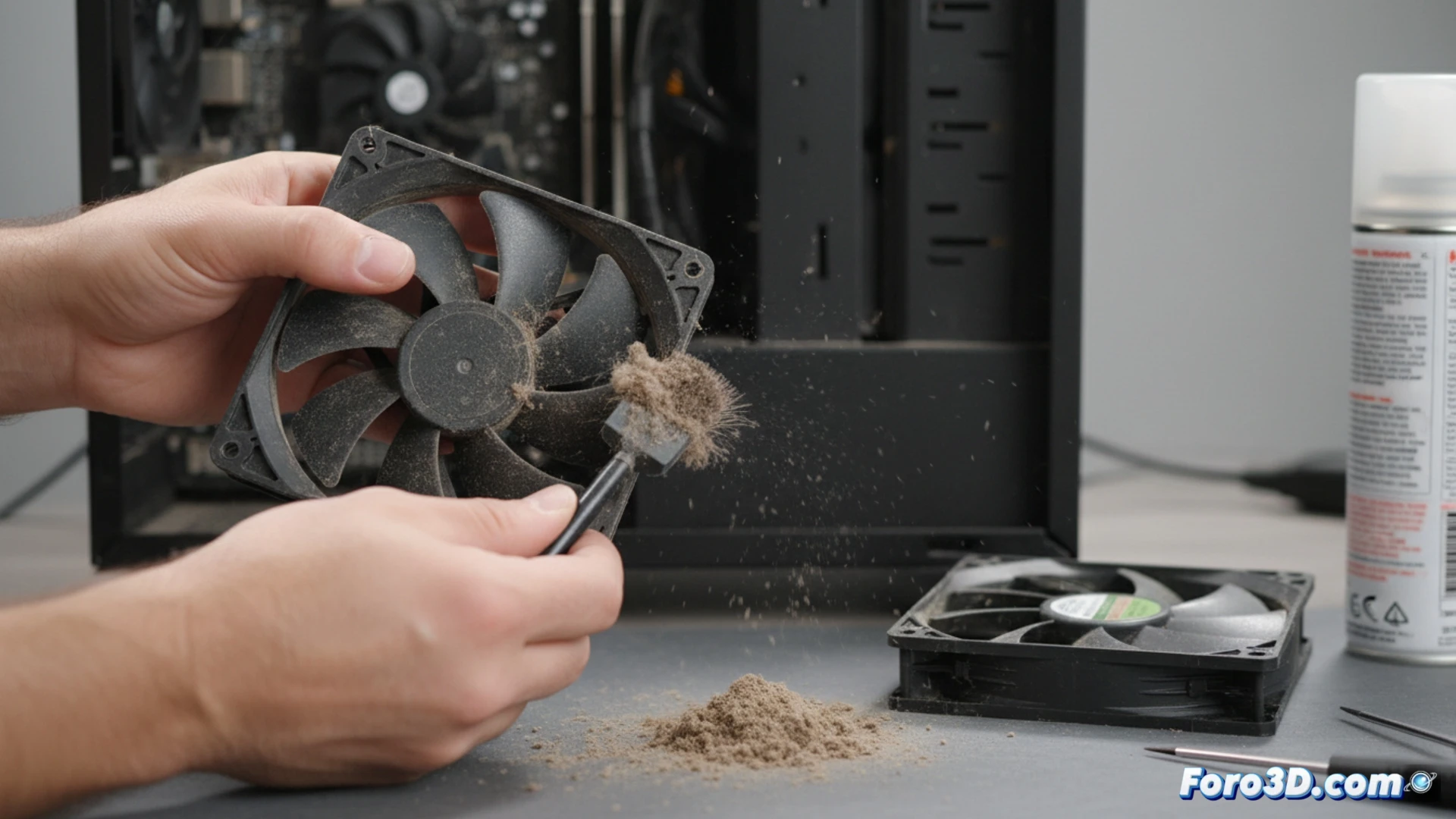 Un ventilador de PC polvoriento y ruidoso junto a uno limpio y brillante, con flechas de flujo de aire, simbolizando el pulmón del equipo.