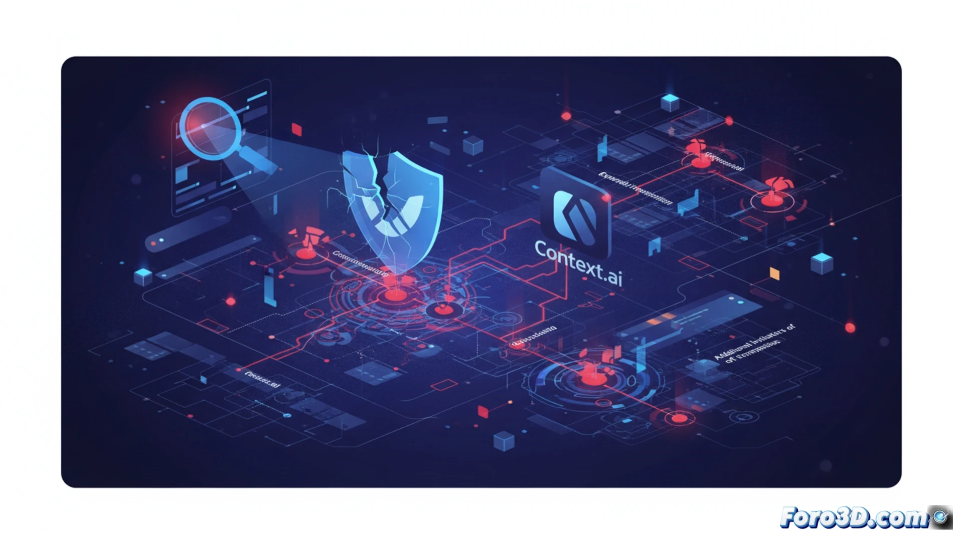 Visualización de un servidor digital con múltiples pantallas mostrando alertas de seguridad y cuentas comprometidas, con un escudo roto y líneas de código rojo.