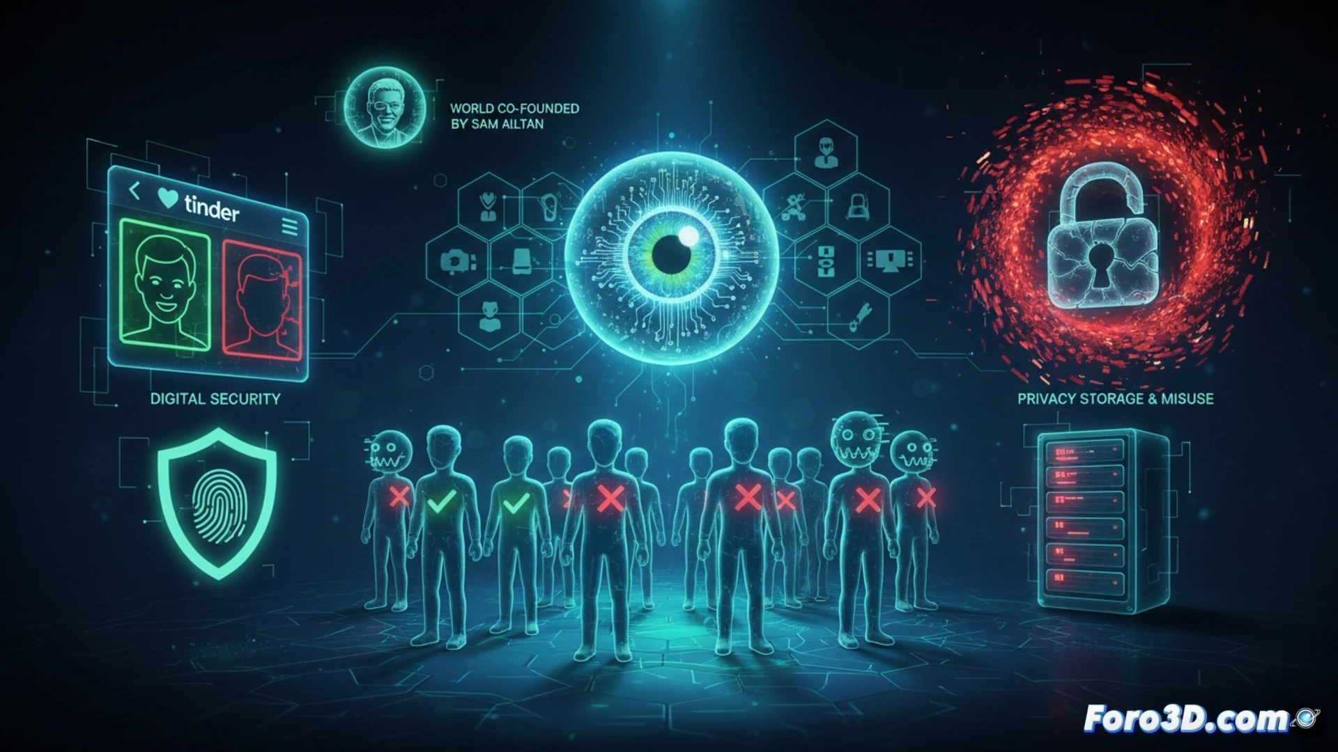 Una mano sostiene un móvil cuyo rostro en pantalla es escaneado por un haz de luz digital azul.