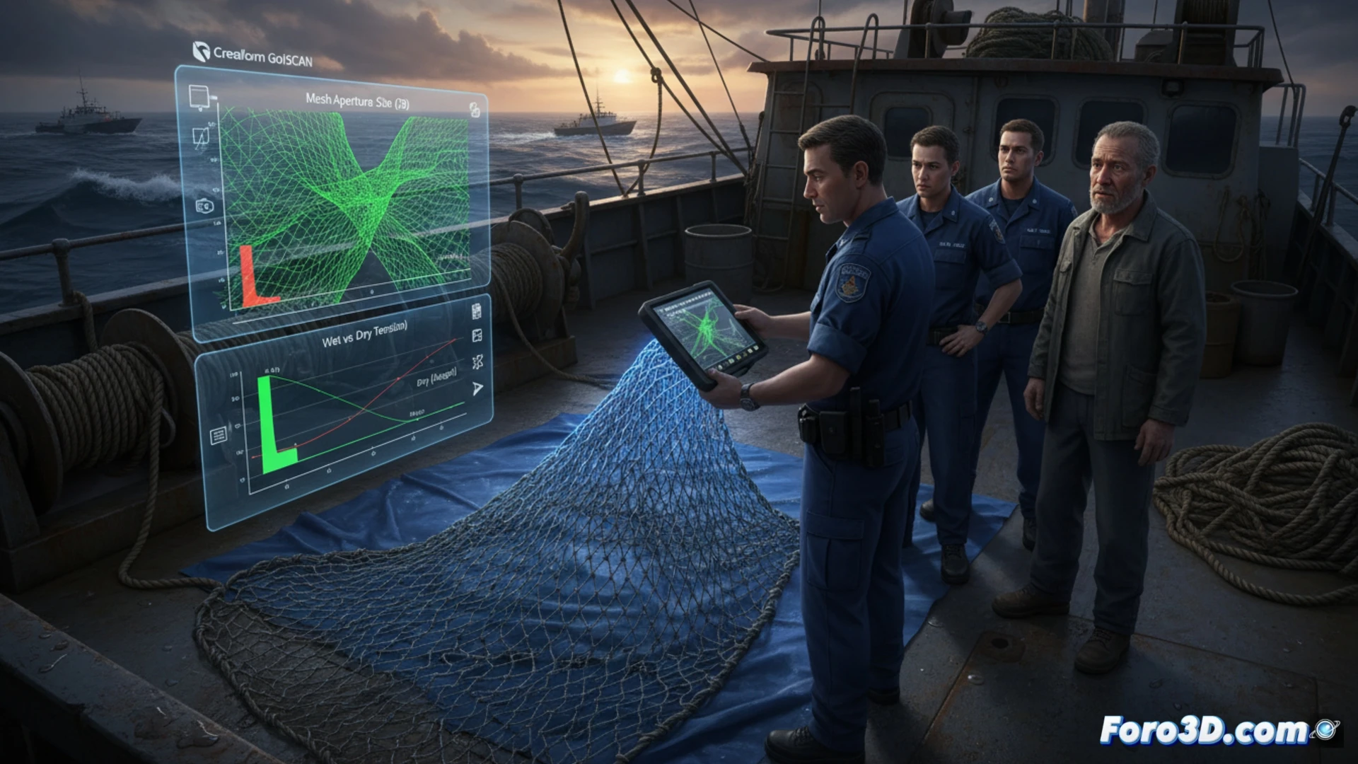 Escaneo 3D de una sección de red de pesca con un dispositivo portátil sobre una superficie de trabajo.