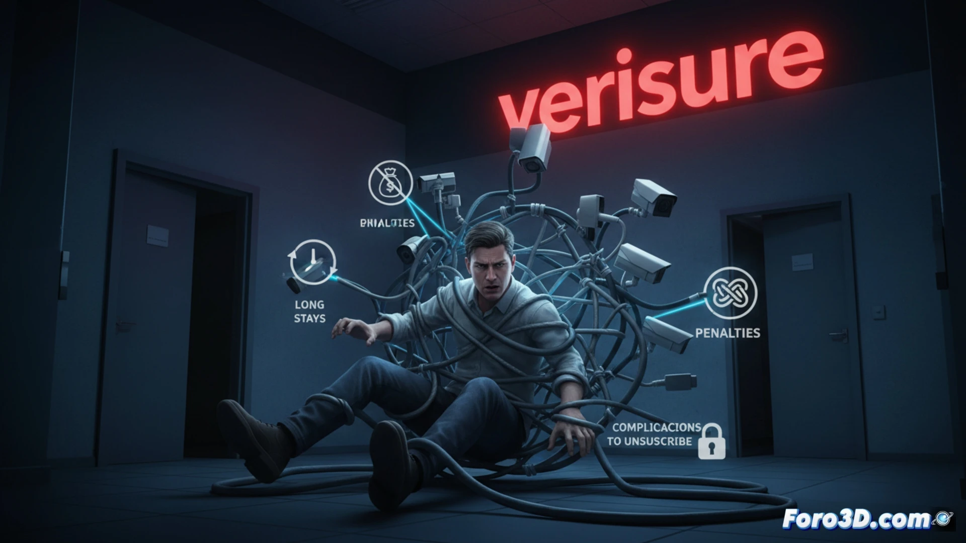 Cliente con rostro frustrado mira un reloj roto mientras sostiene un contrato de Verisure con una cadena de candados, simbolizando la larga permanencia.
