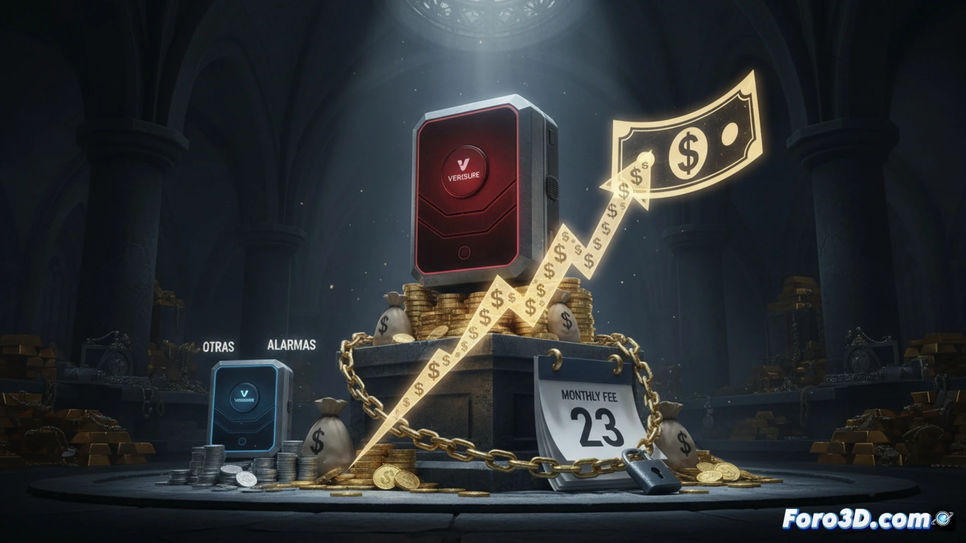 Una mano sostiene un escudo con el logo de Verisure frente a un fondo de monedas de oro, mientras otra alarma más simple y barata queda atrás, creando un contraste visual entre lujo y precio.