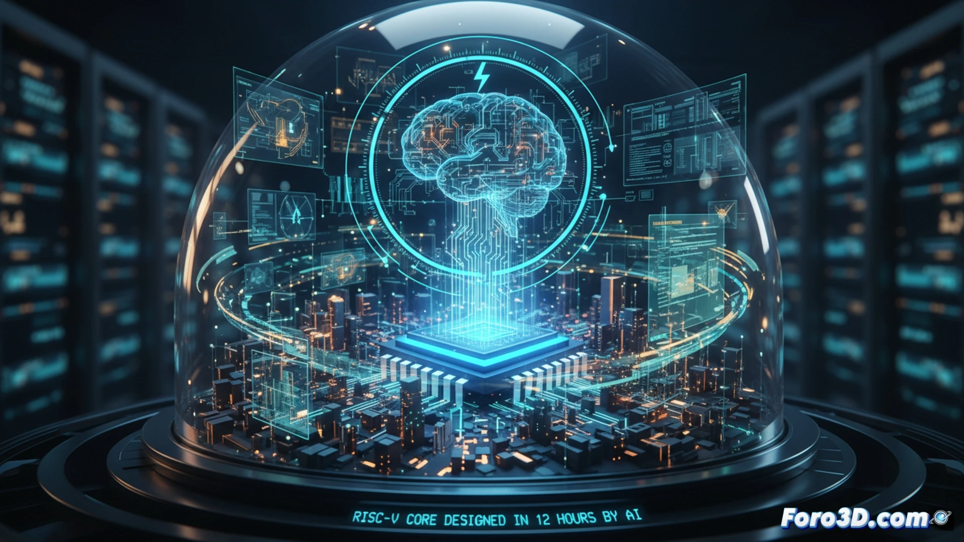 Un agente de IA ilumina un chip RISC-V sobre un circuito, con un reloj marcando 12 horas y un documento de 219 palabras flotando.