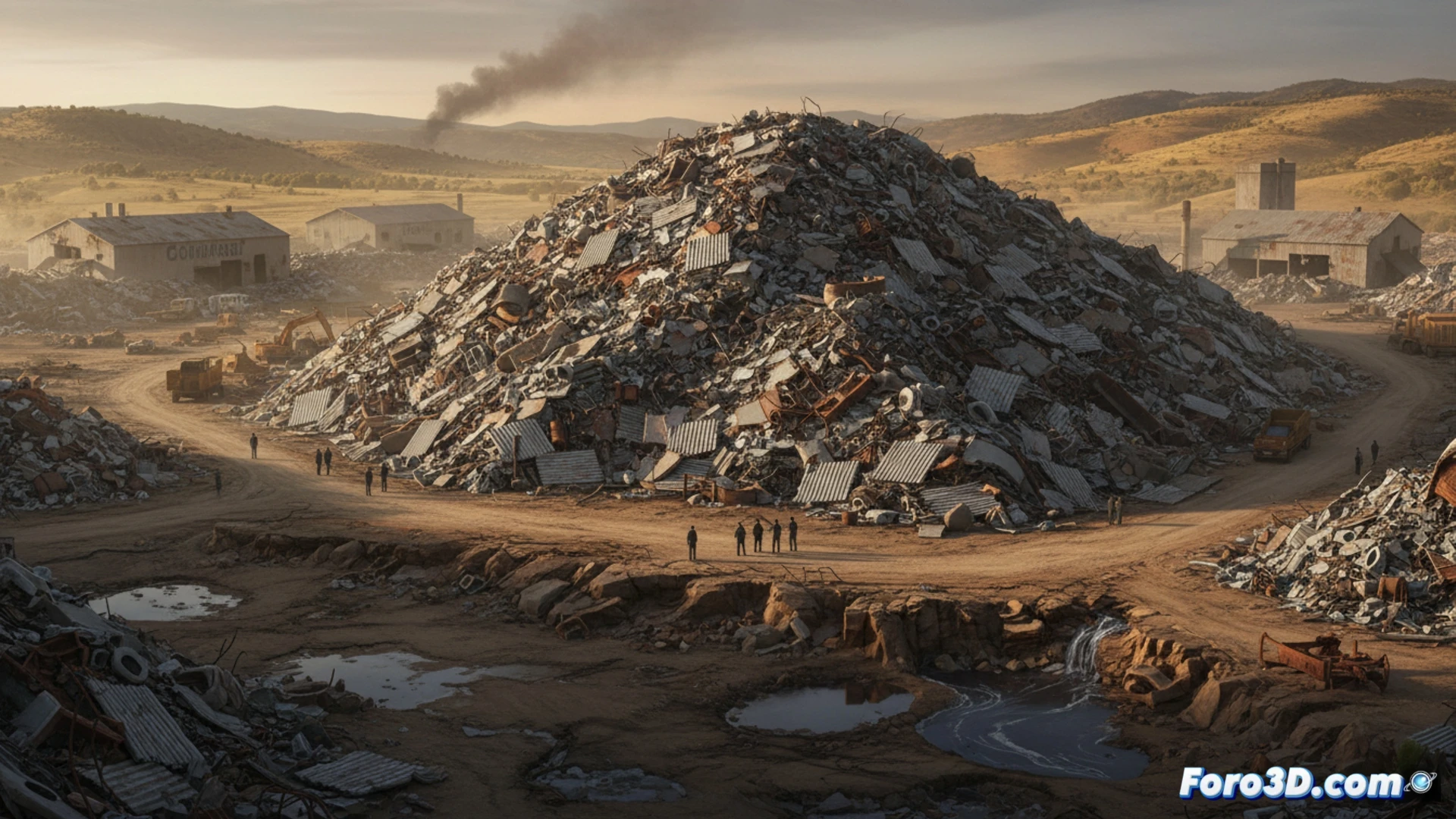 Descripción: Paisaje árido con montaña de escombros y amianto, amenazando acuíferos y riesgo de incendio en Málaga.