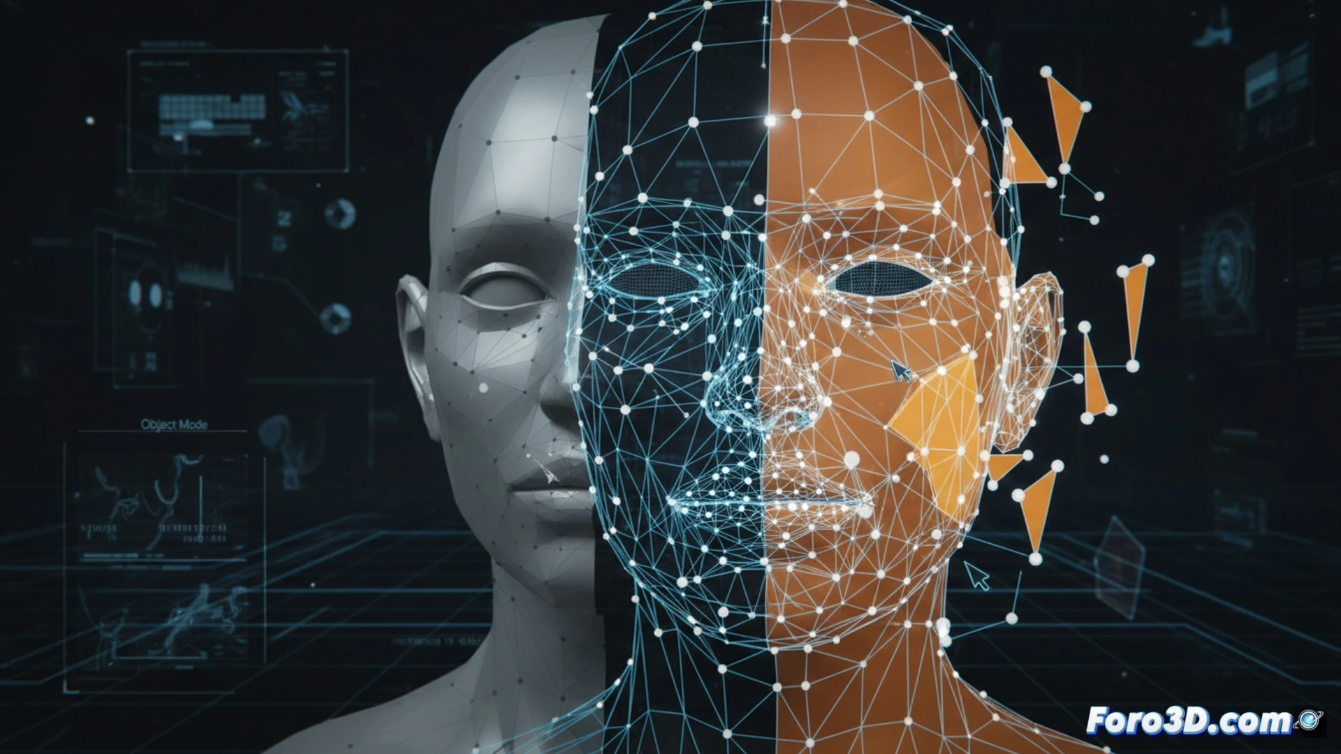 Una malla poligonal 3D mostrando sus vértices, aristas y caras resaltadas en colores distintos.