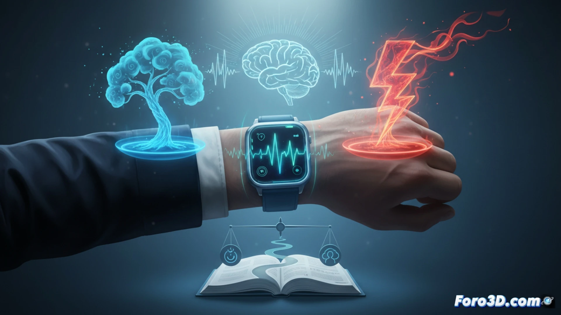 Una mujer mira su reloj inteligente que muestra un gráfico de VFC, mientras su mente refleja ondas cerebrales y un corazón latiendo.