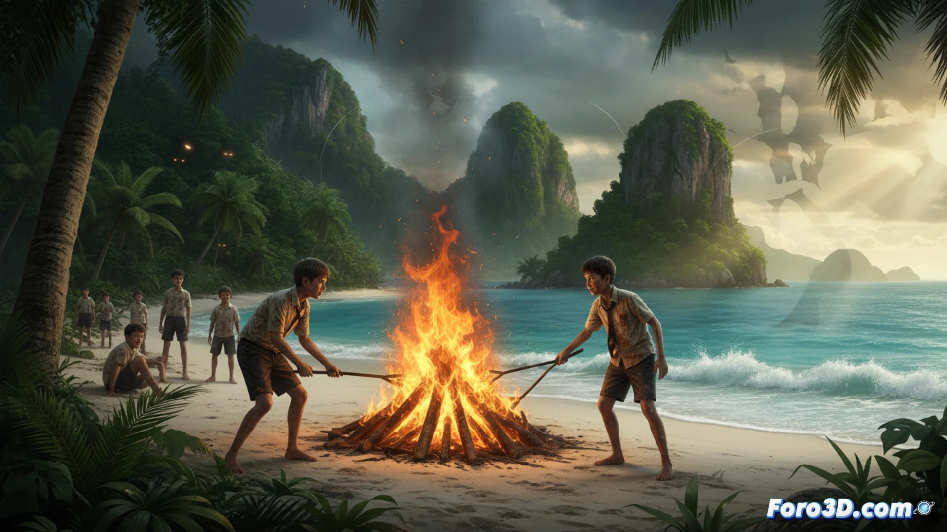 Una isla paradisíaca con sutiles efectos digitales integrados en la vegetación y el cielo.